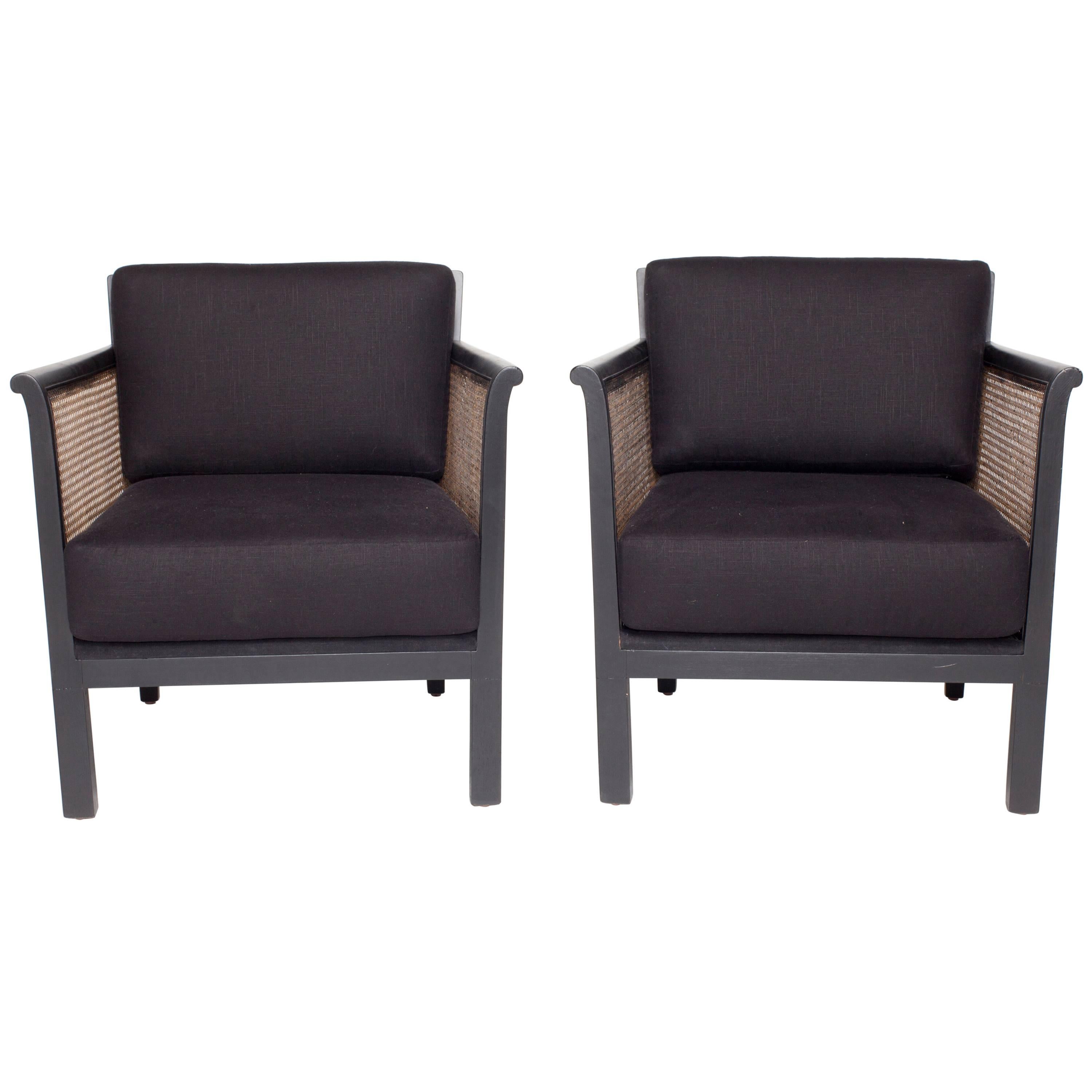 Black Painted Armchair with Caned Sides, Upholstered in Black Linen