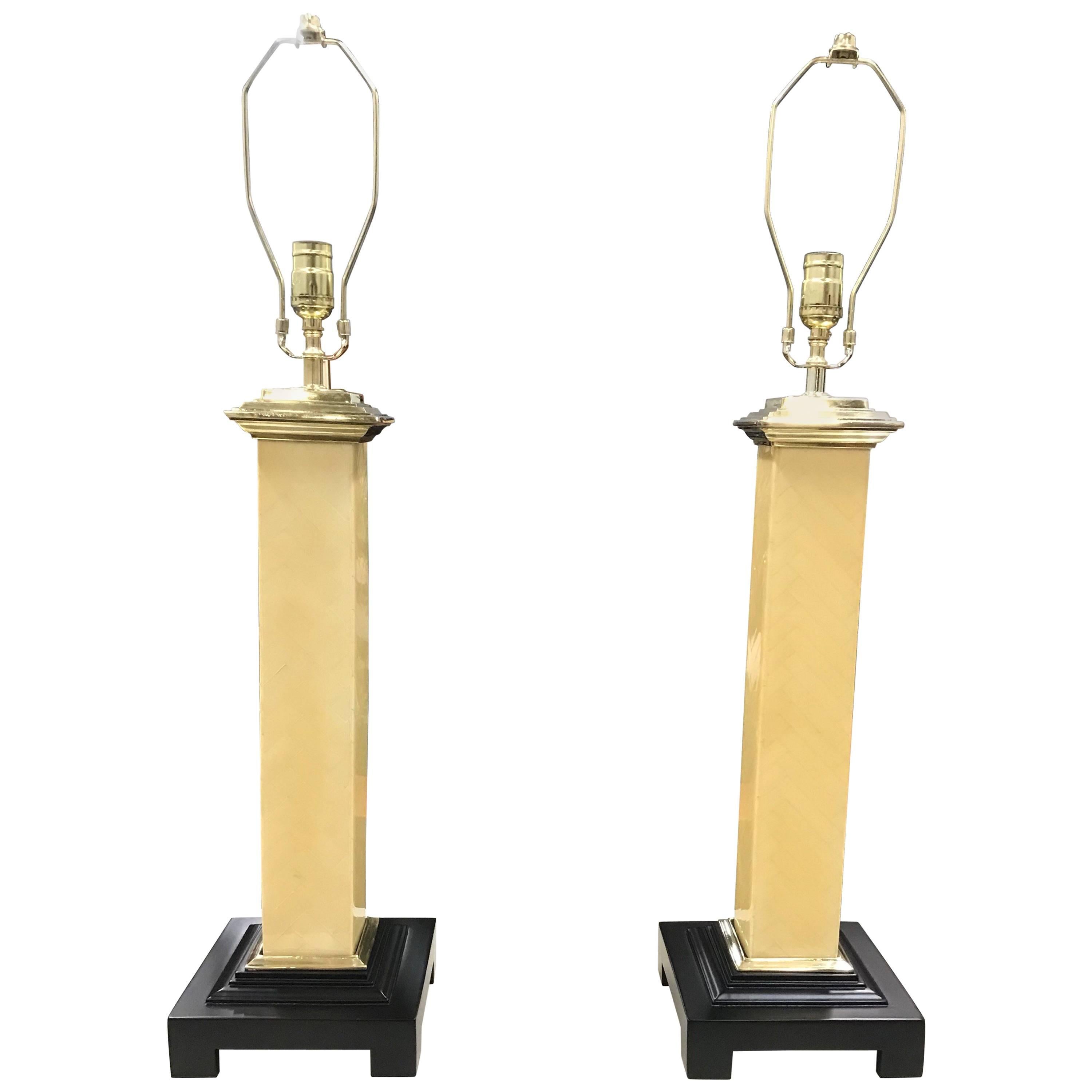 Monumental Pair of Tall Tessellated Camel Bone Lamps