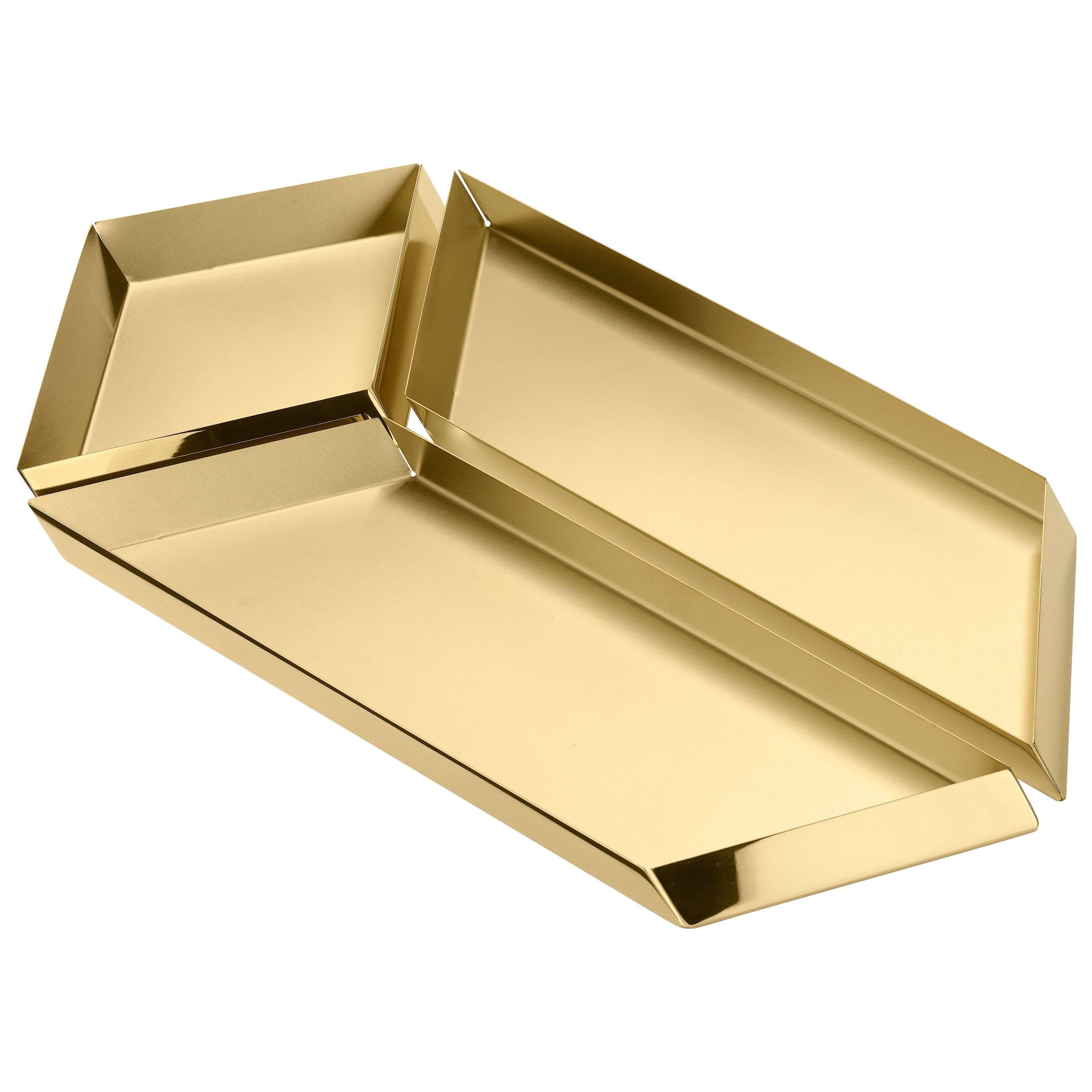 Ghidini 1961 Set di assonometrie 4 grandi vassoi a parallelepipedo in ottone lucido