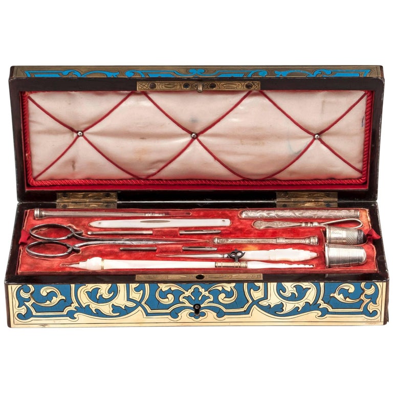 Boulle Engraved Brass French Antique Sewing Box, 19th Century at 1stDibs