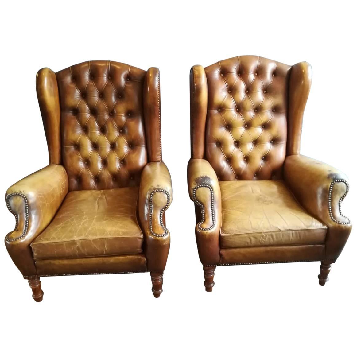 Pair of Vintage Tan Leather Wingback Armchairs