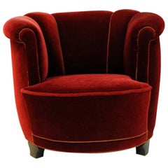Red Round Velour Chair 1930s, Denmark