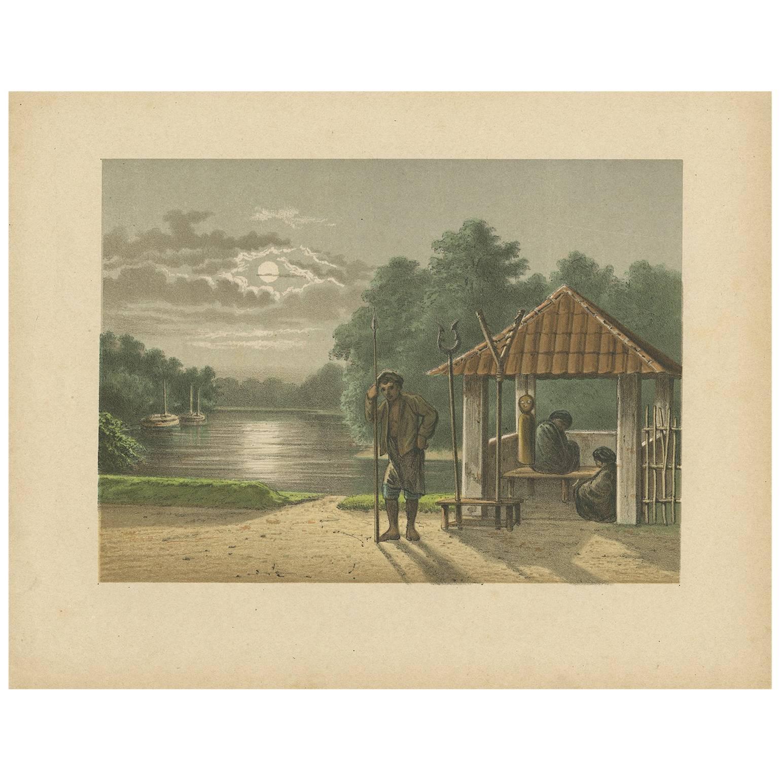 Grabado antiguo de un guardia Kampong en Batavia por M.T.H. Perelaer, 1888