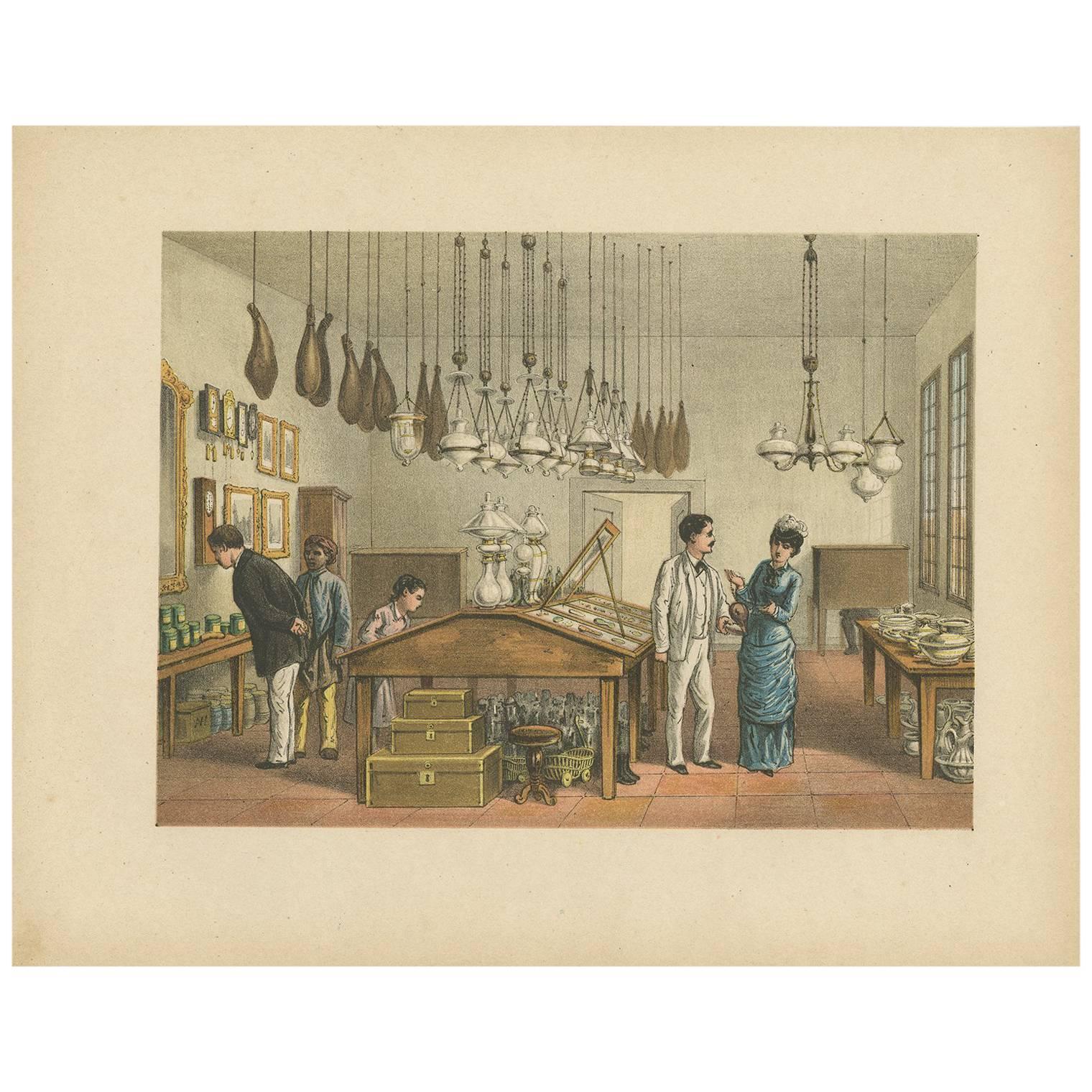 Antique Print of a Store in Batavia 'Indonesia' by M.T.H. Perelaer, 1888 For Sale