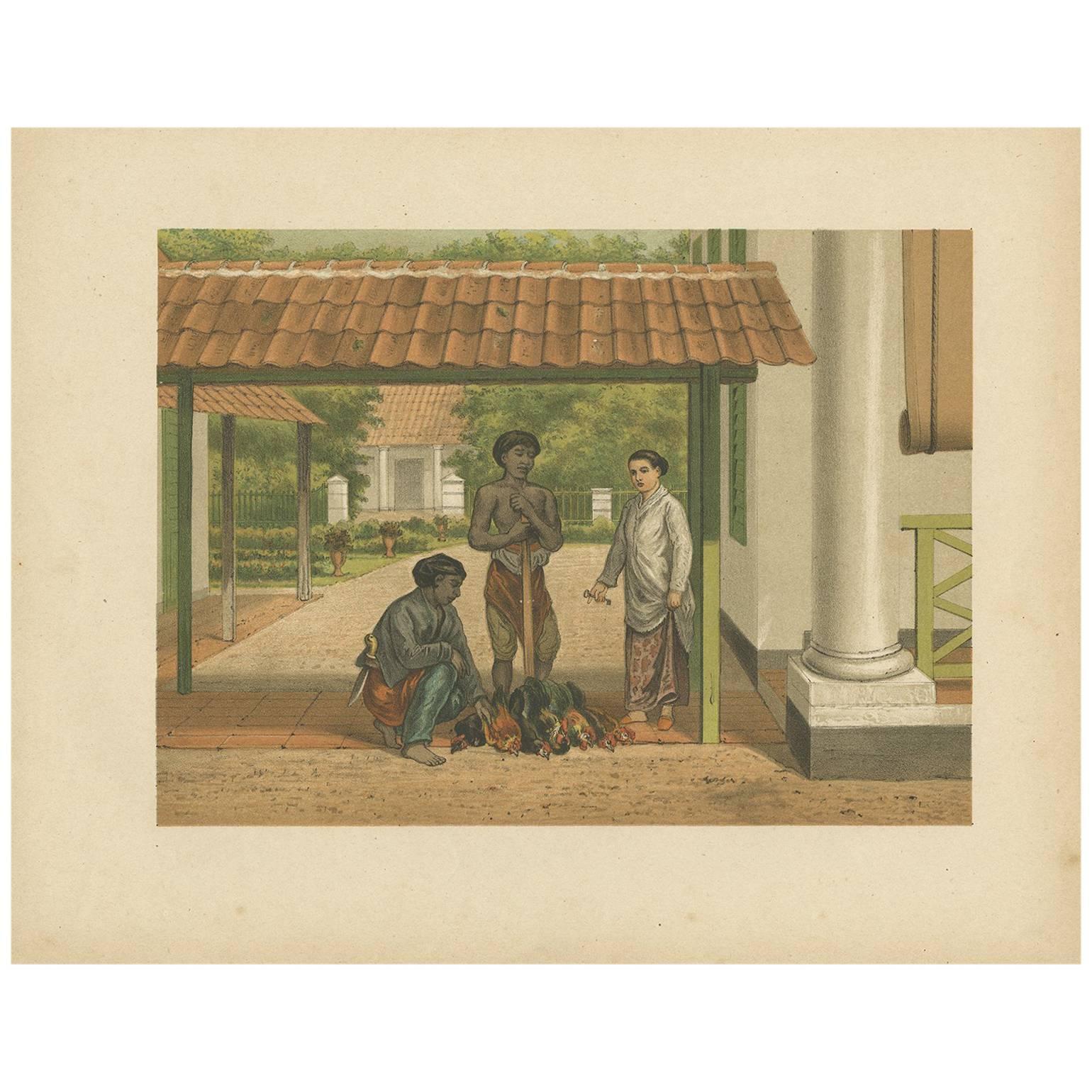 Antique Print of a Chicken Salesman in Batavia by M.T.H. Perelaer, 1888 For Sale