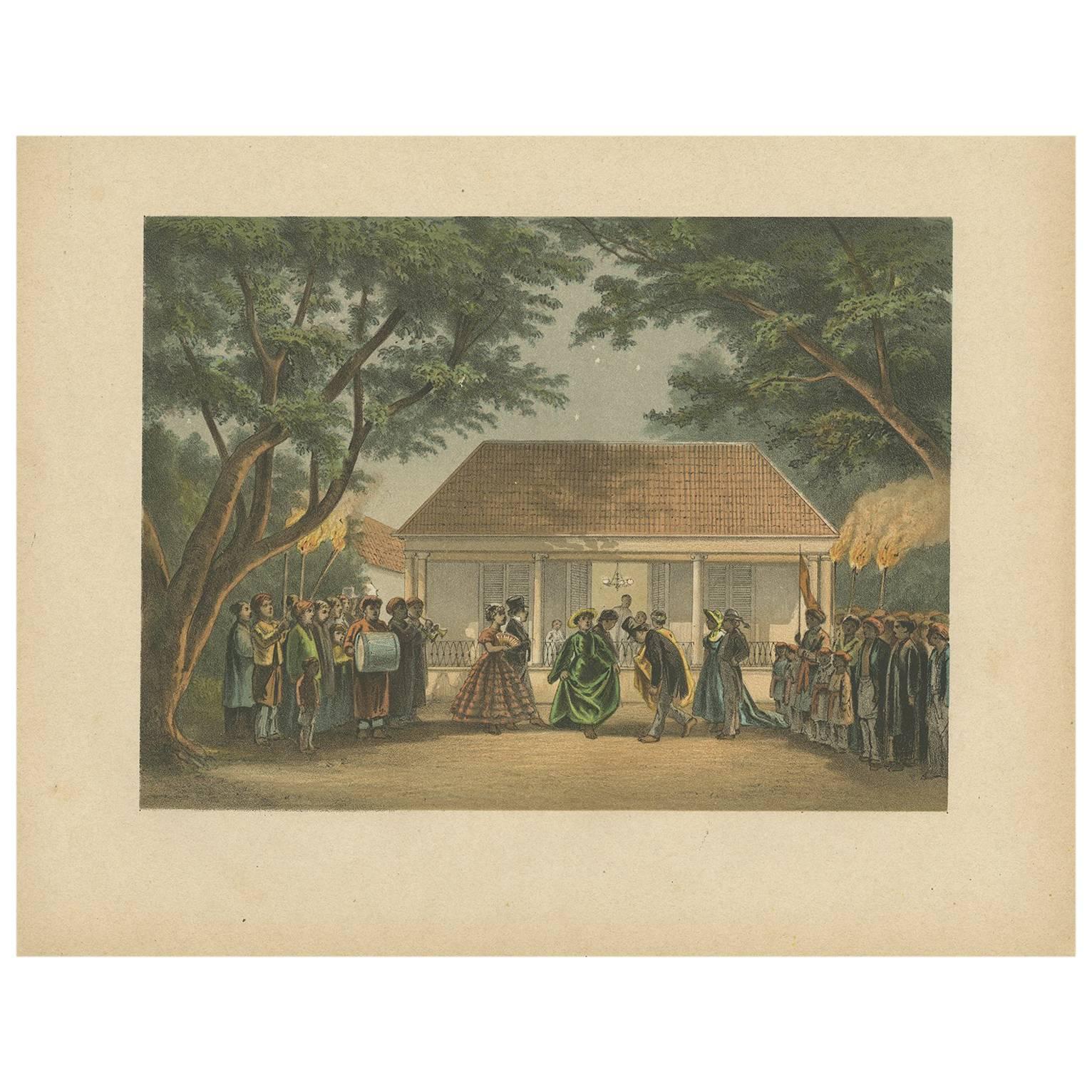 Antique Print of a Party in Batavia by M.T.H. Perelaer, 1888 For Sale