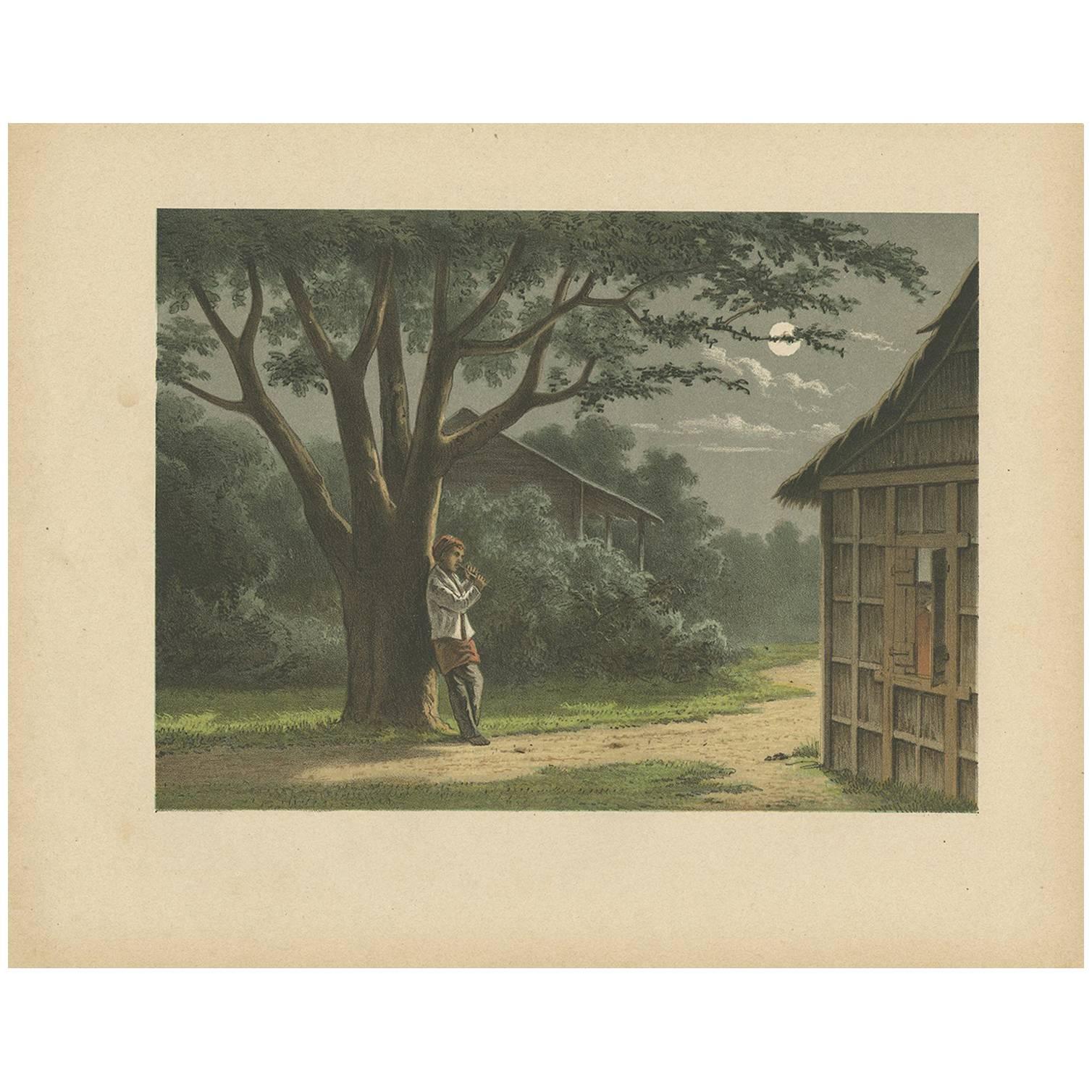 Grabado antiguo de un nativo tocando la flauta en Batavia por M.T.H. Perelaer, 1888 en venta
