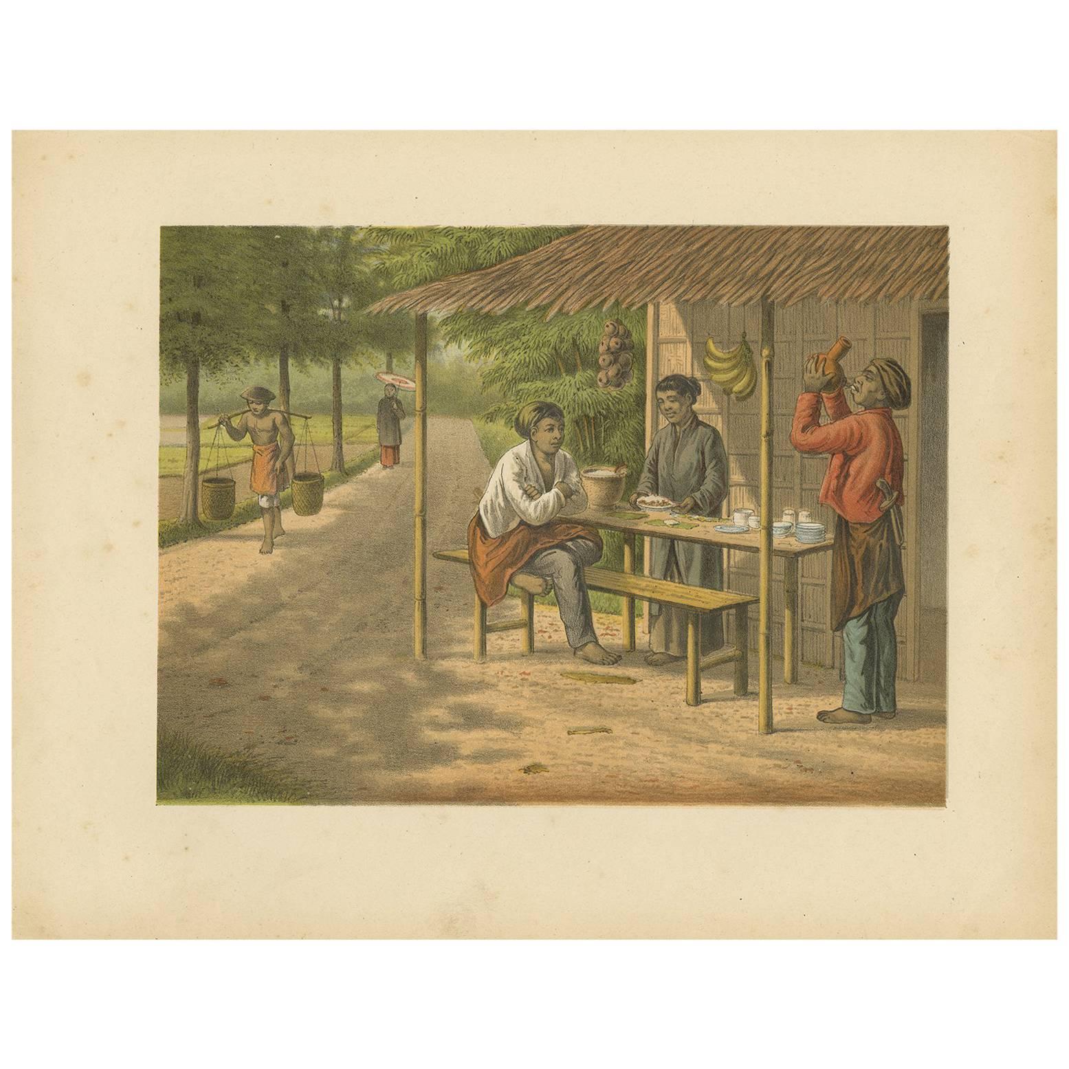 Antique Print of a Warung with Native People by M.T.H. Perelaer, 1888 For Sale