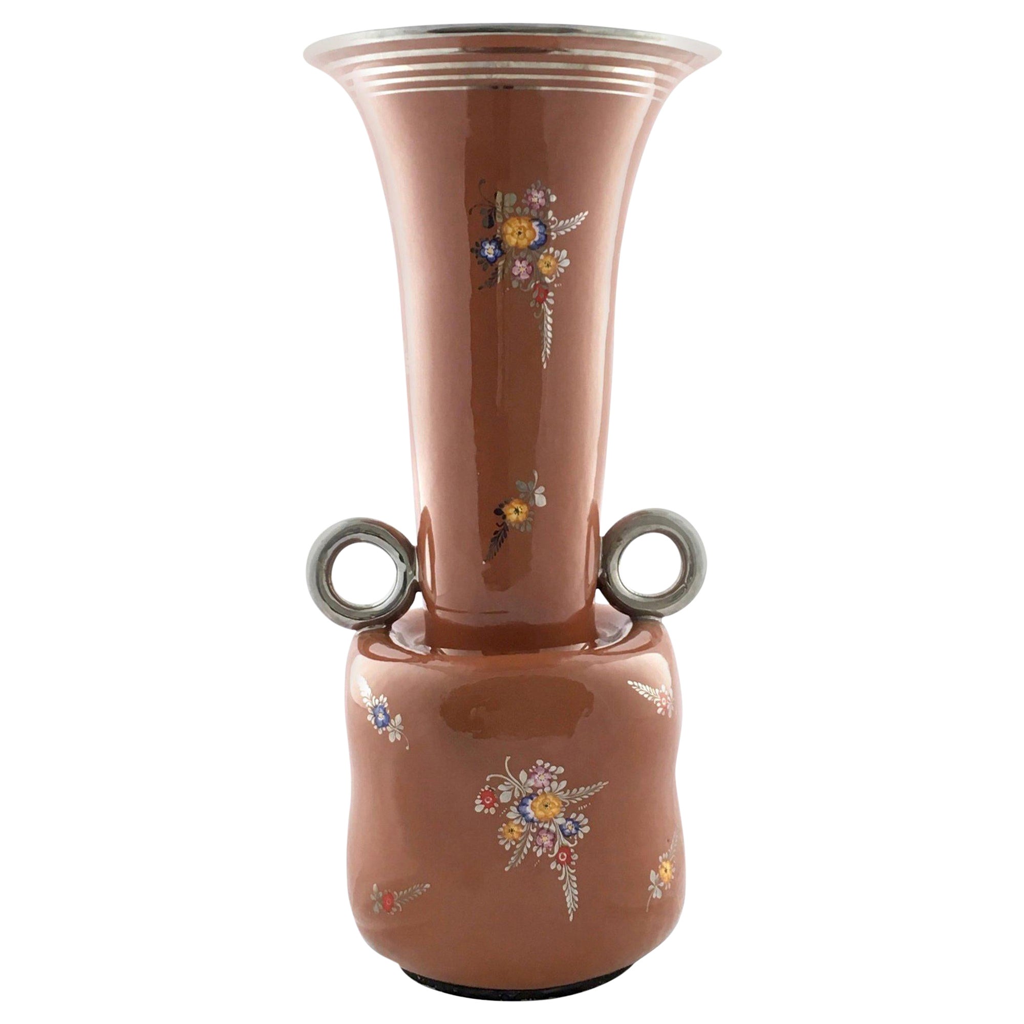 Vintage Brown Lacquered and Hand Painted Terracotta Deruta Vase, Italy