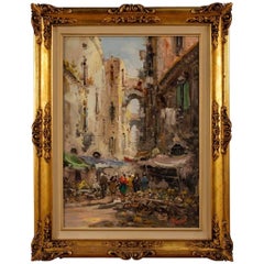 Italian Signed Painting Oil on Canvas Neapolitan Market from 20th Century