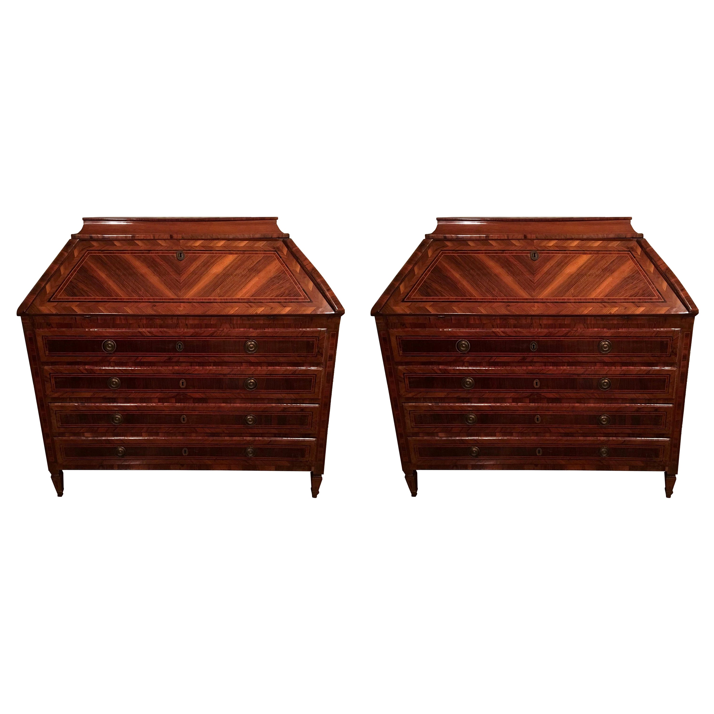 18th Century Pair of Italian Inlaid Walnut Chests of Drawers with Secretaire For Sale