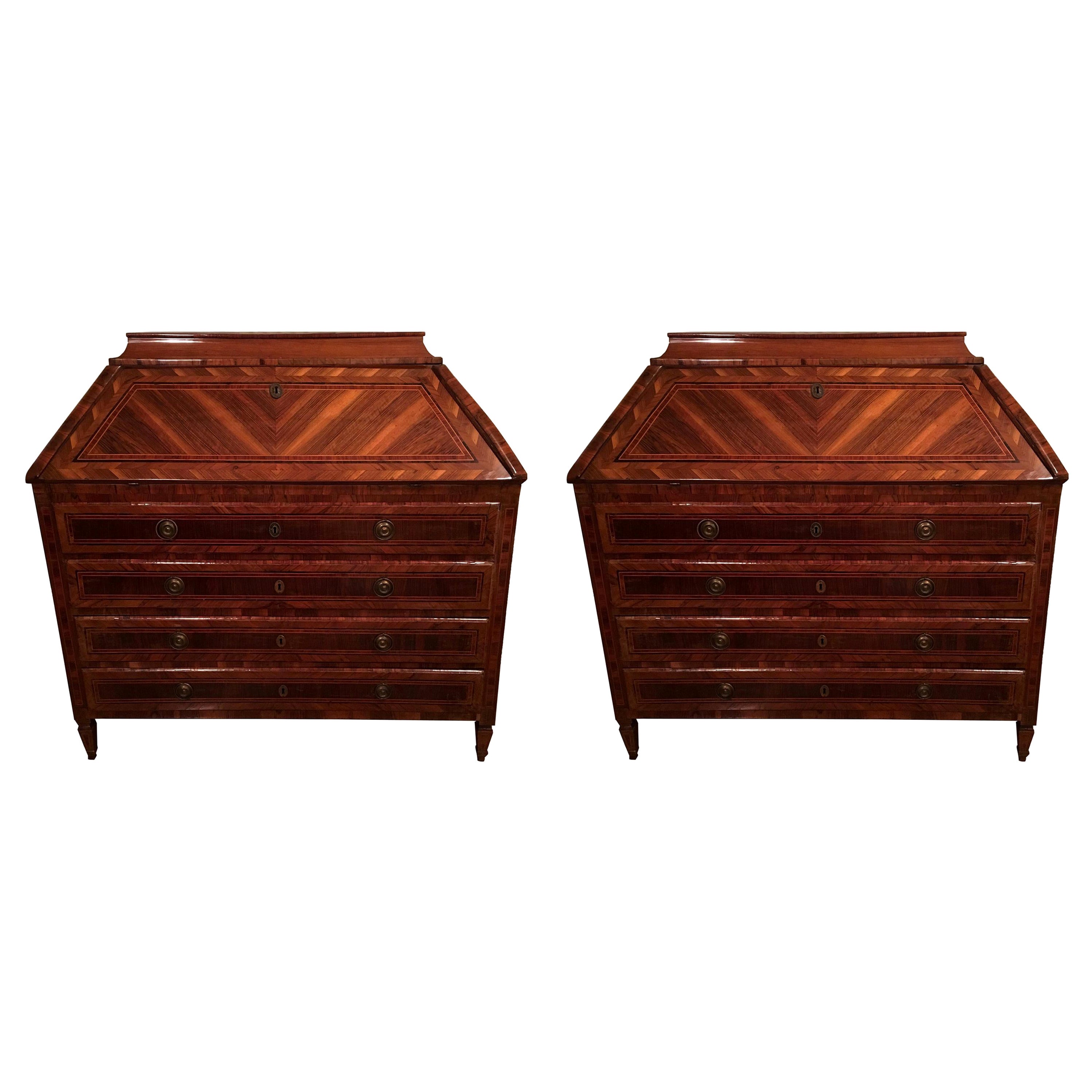 18th Century Pair of Italian Inlaid Walnut Chests of Drawers with Secretaire