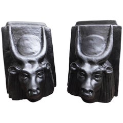 Pair of Bulls Head Egyptian Revival Sculptures of the God Apis