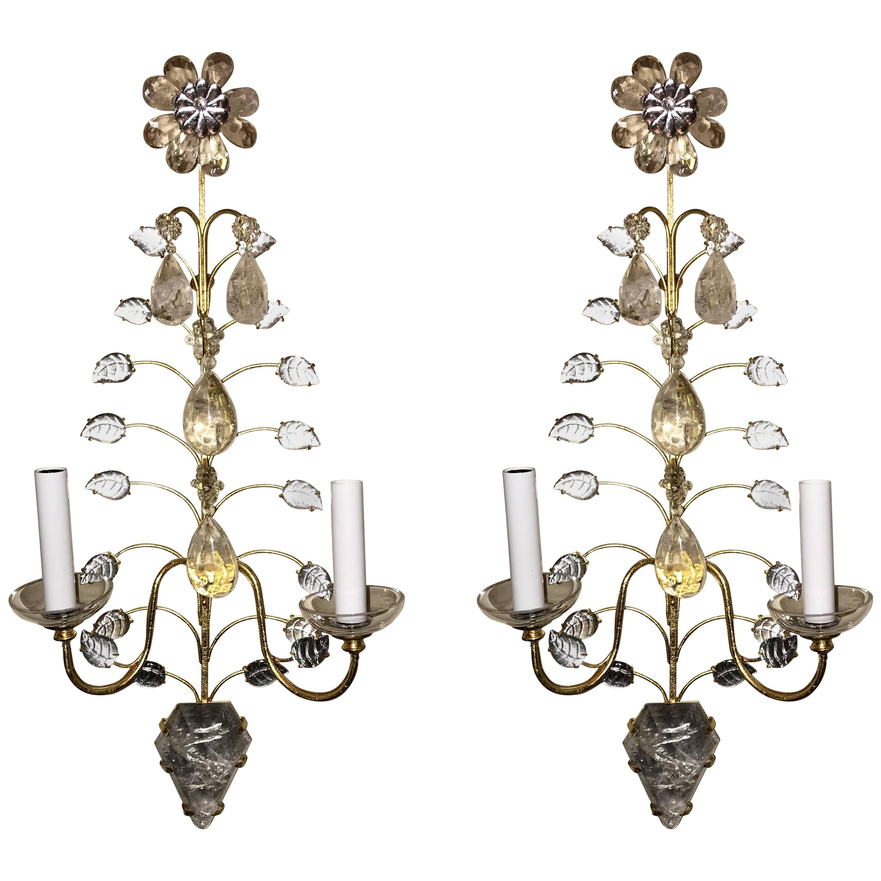 Mid-Century Modern Vintage Pair of Baguès Rock Crystal Gold Gilt Flower Sconces