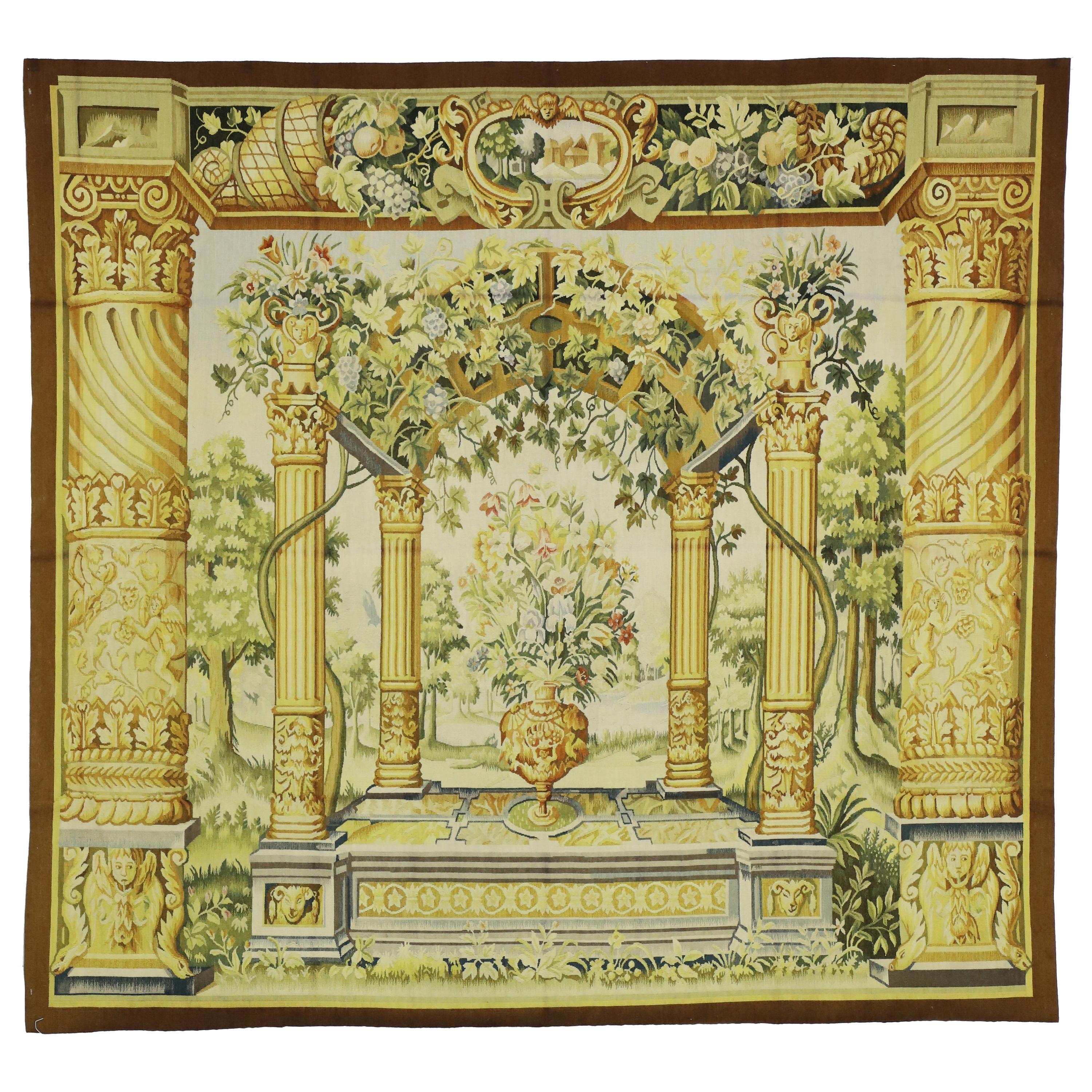 Garden View Tapestry, Inspired by Jacob Wauters, Flemish Tapestry of a Pergola