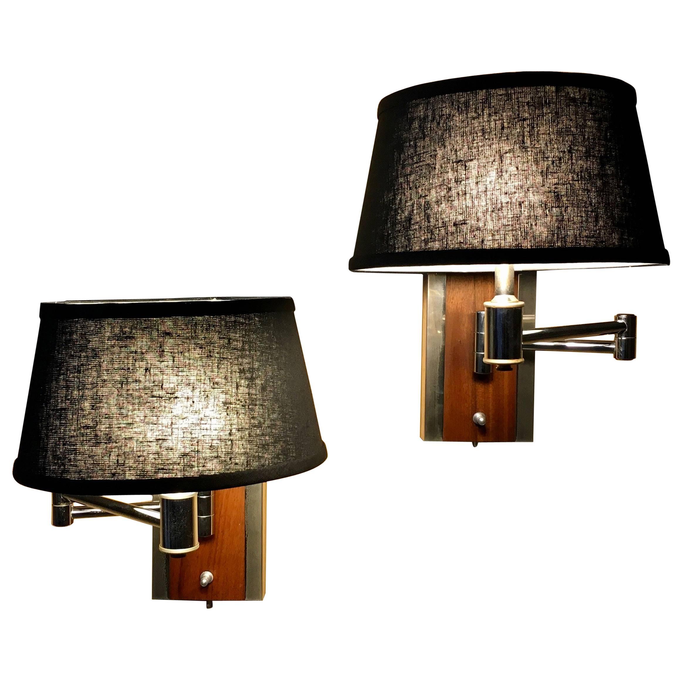 Pair of Walnut and Chrome Articulated Sconces For Sale