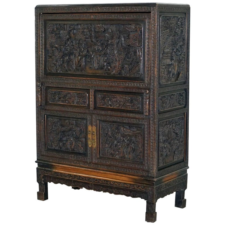 Antique Chinese Cabinet For Sale At 1stdibs Stunning Heavily Carved Antique Chinese Cabinet Cupboard with Drop Front Desk - Antique Chinese Cabinet For Sale At 1stdibs