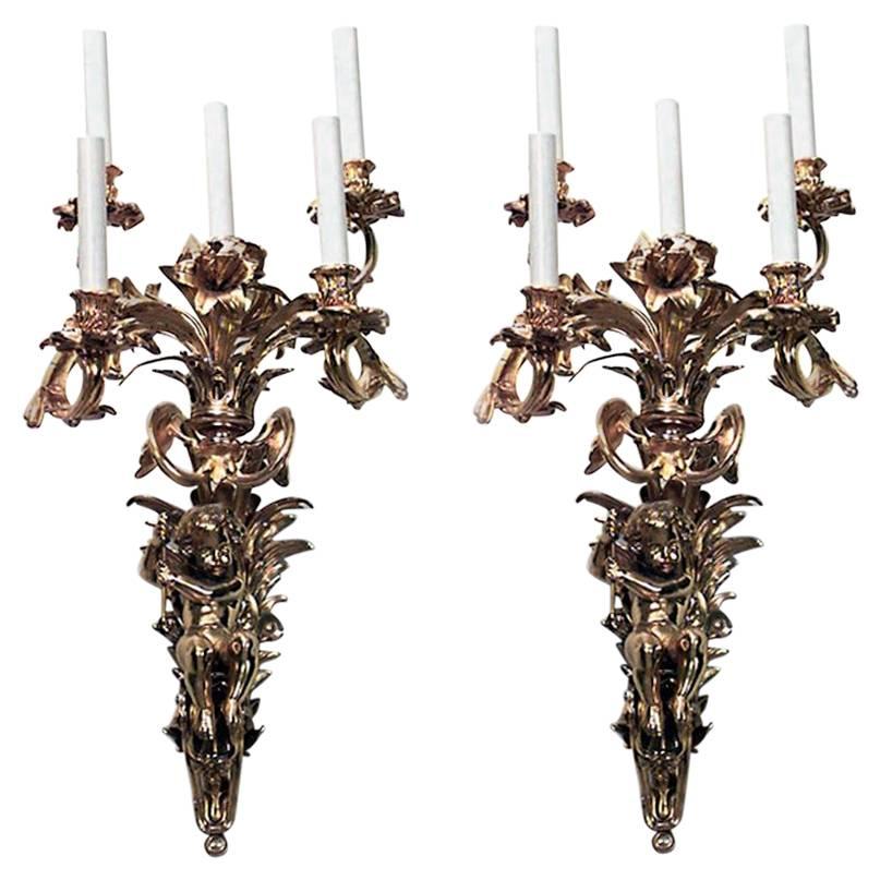 Pair of French Louis XV Style Bronze Doré Wall Sconce For Sale