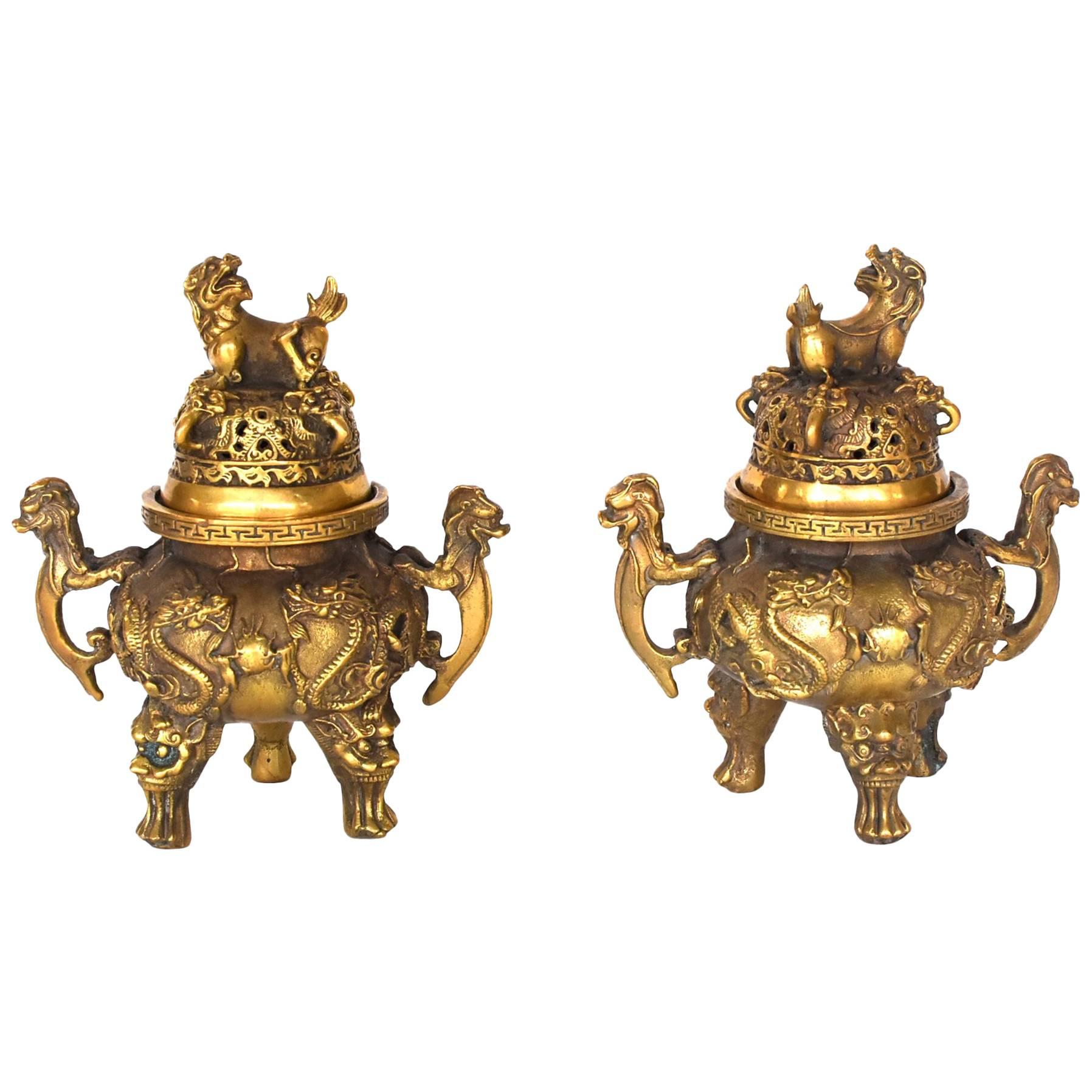 Pair of Brass Dragon Incense Burners