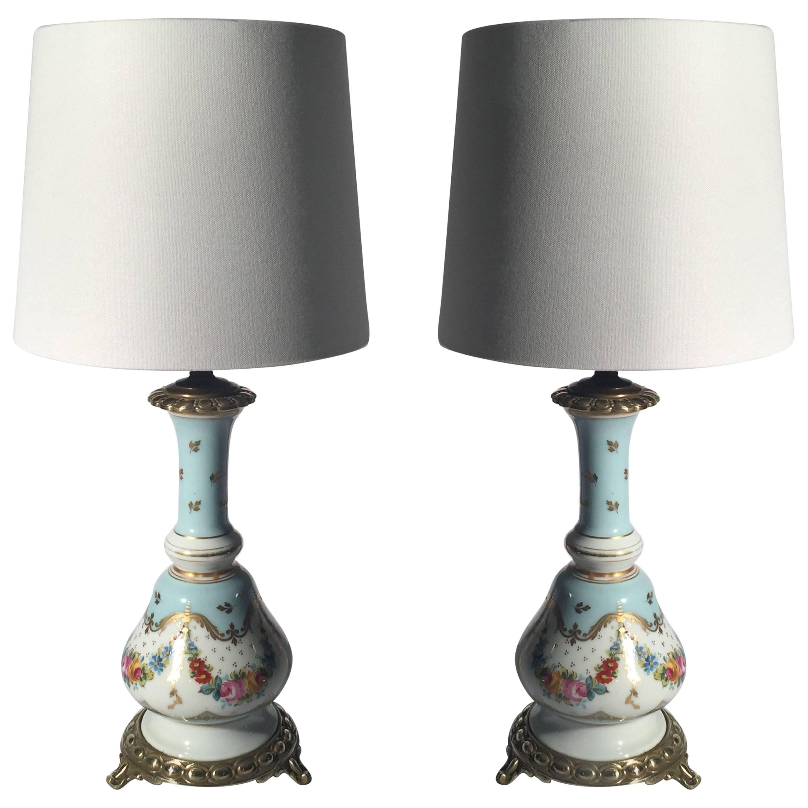 Pair of French Porcelain Hand-Painted Oil Lamps Now Electrified