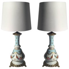 Pair of French Porcelain Hand-Painted Oil Lamps Now Electrified