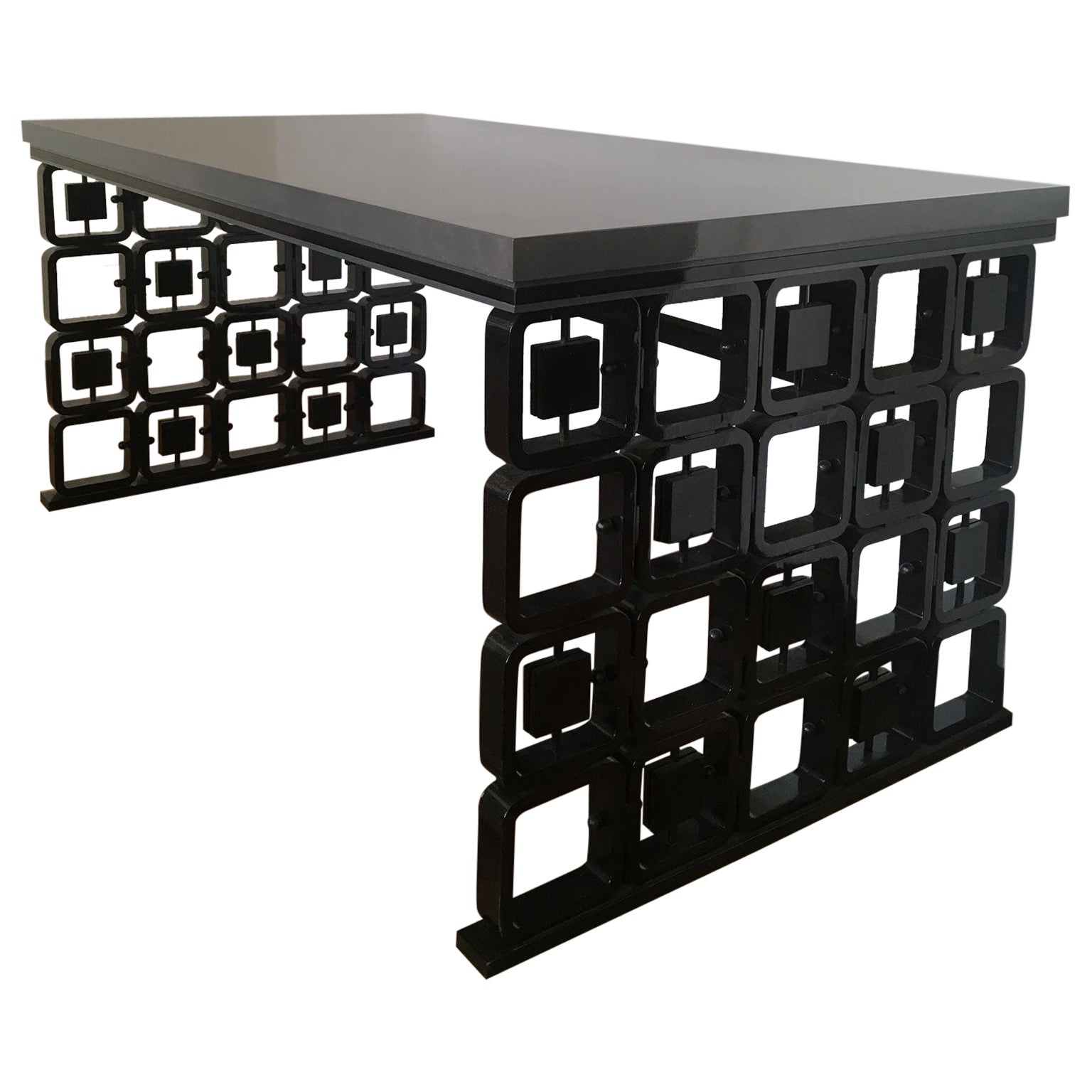 Italian Design Walnut Black and Grey Lacquered Desk 