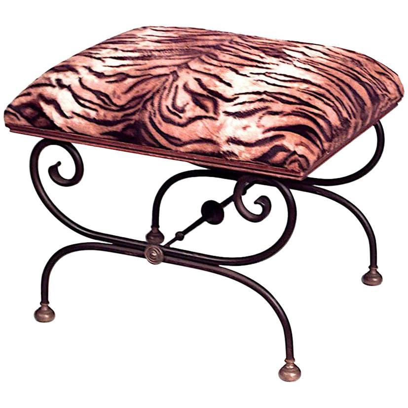 French Directoire Style Leopard Upholstered Iron Bench