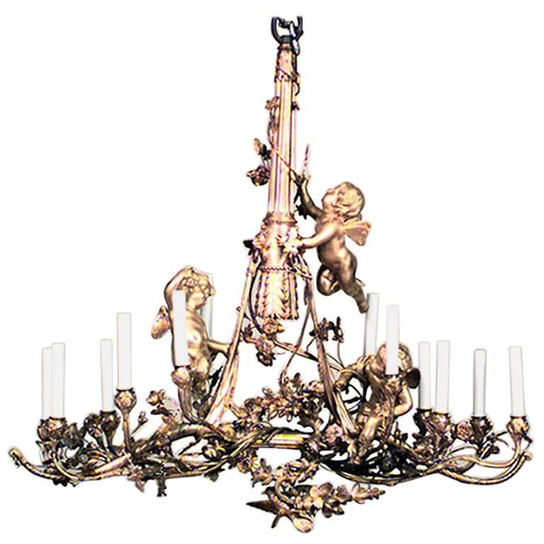 French Louis XVI Style Bronze Dore Cupid and Bird Chandelier For Sale
