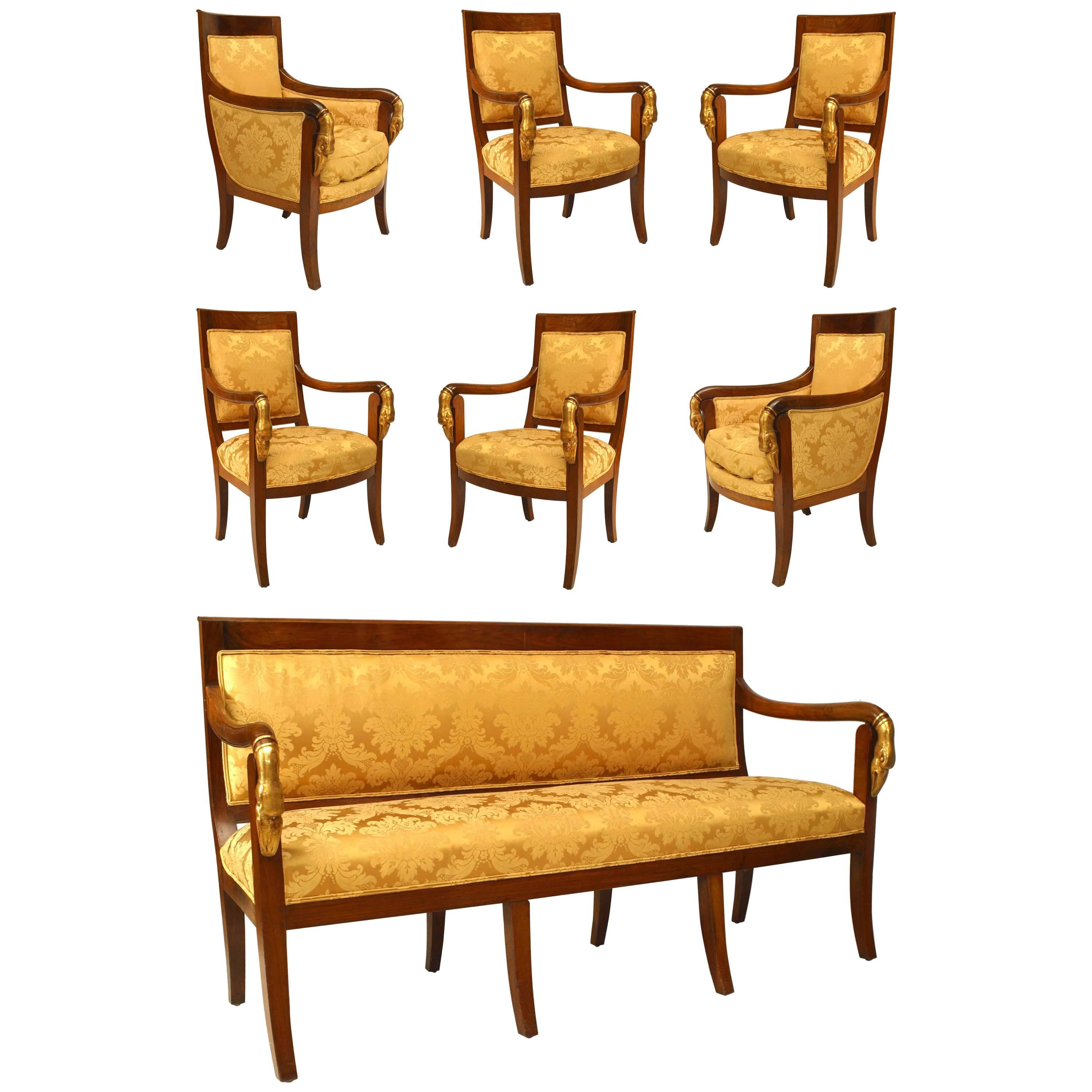 Gepolstertes 5-teiliges französisches Empire-Wohnzimmer-Set aus Gold im Angebot