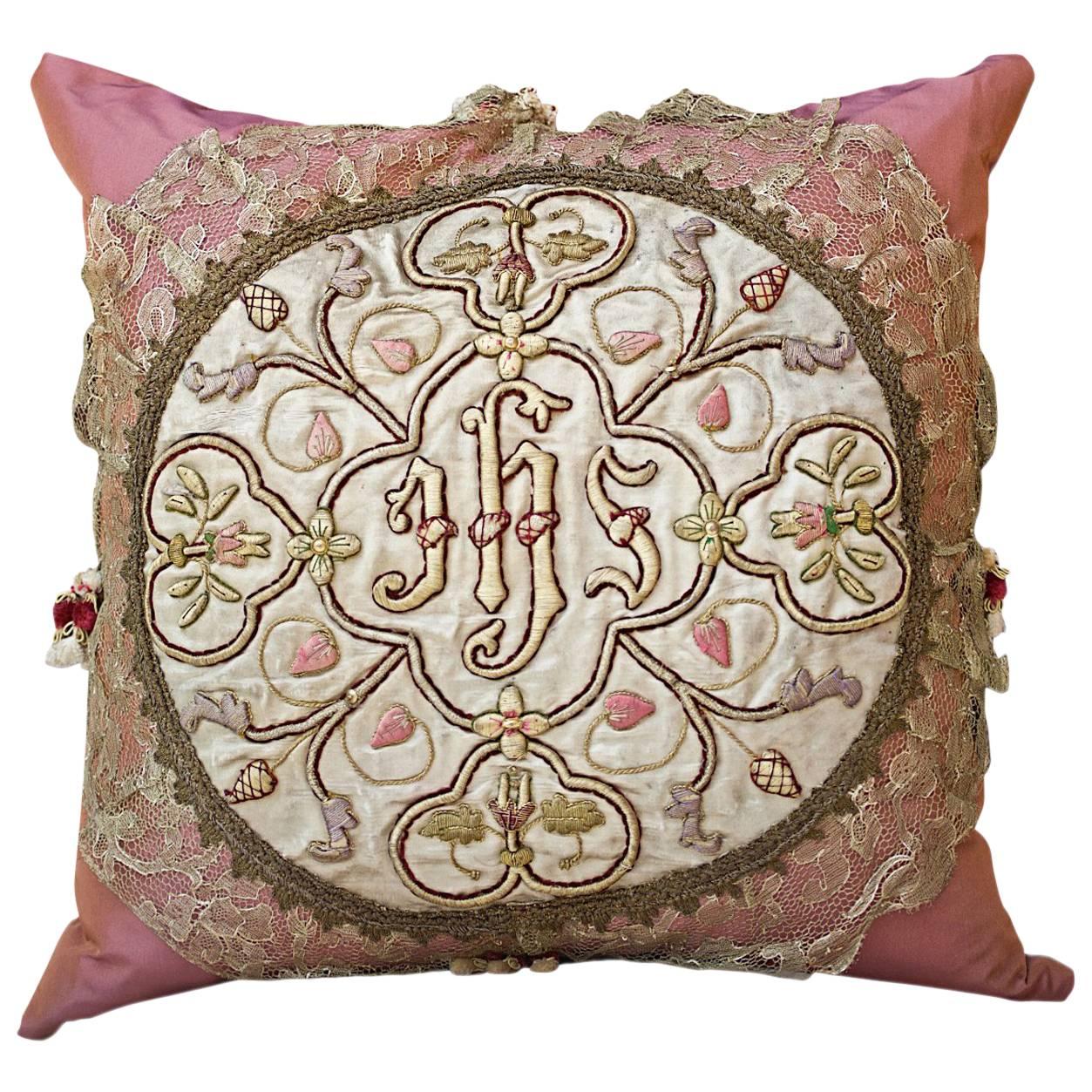 Antique IHS Medallion Custom Pillow by Eleganza Italiana For Sale