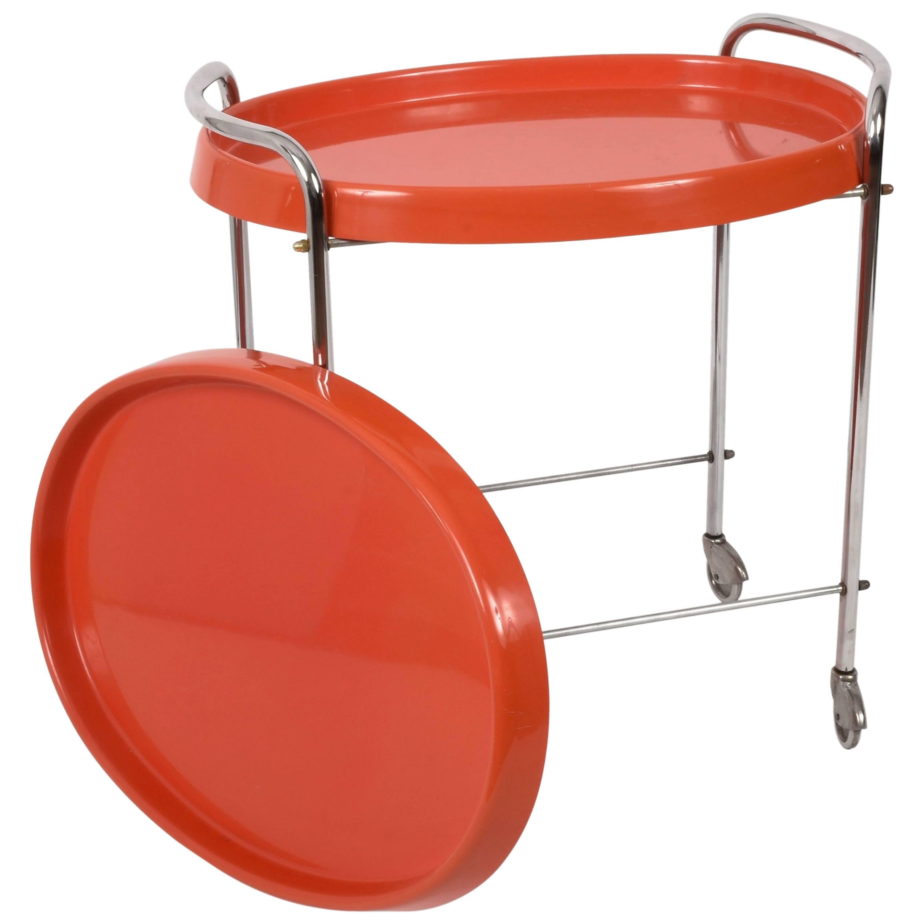Bar Cart Oval in Orange Plastic and Metal Chrome, Italy, 1950s