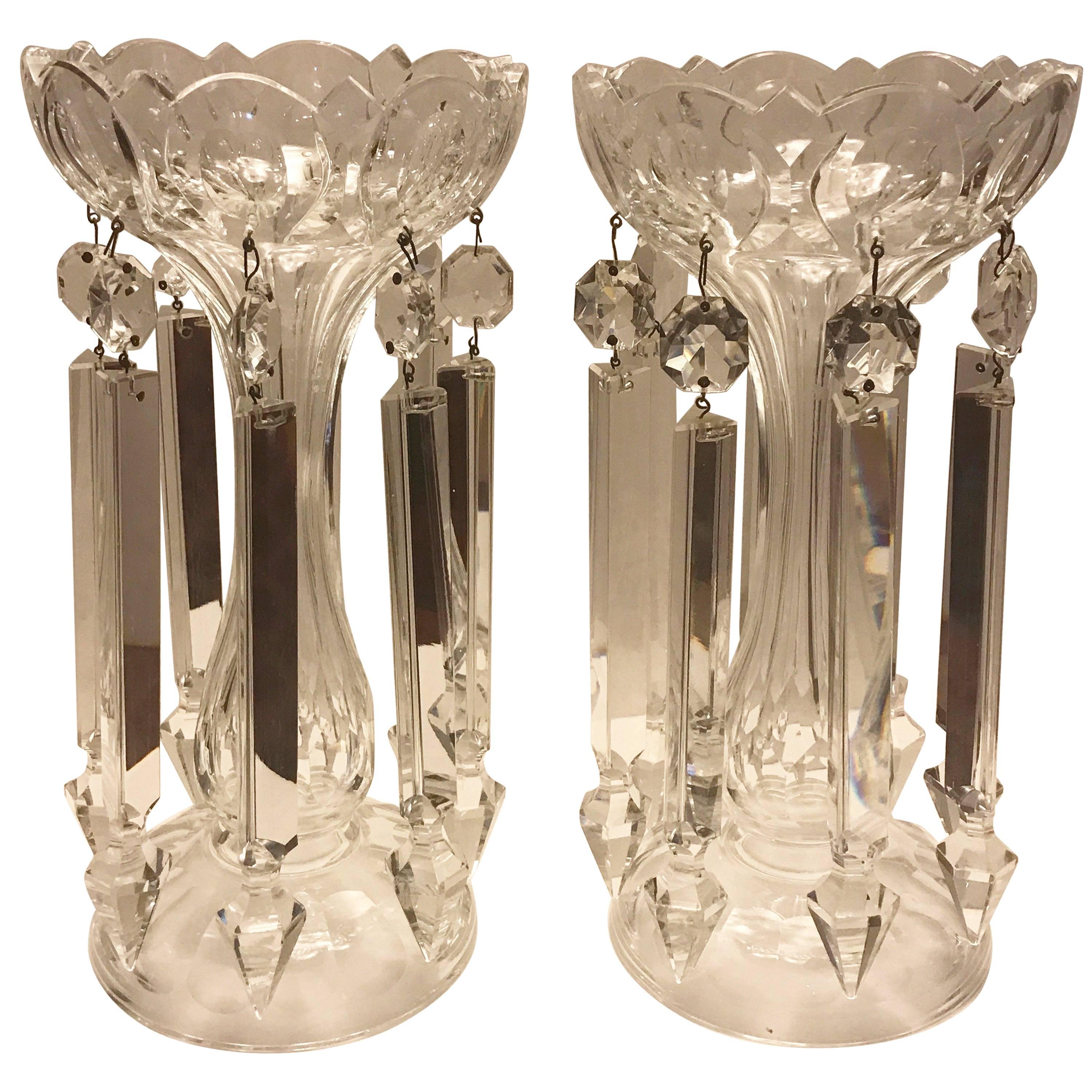 Pair of 19th Century Cut Glass Candlesticks Lusters