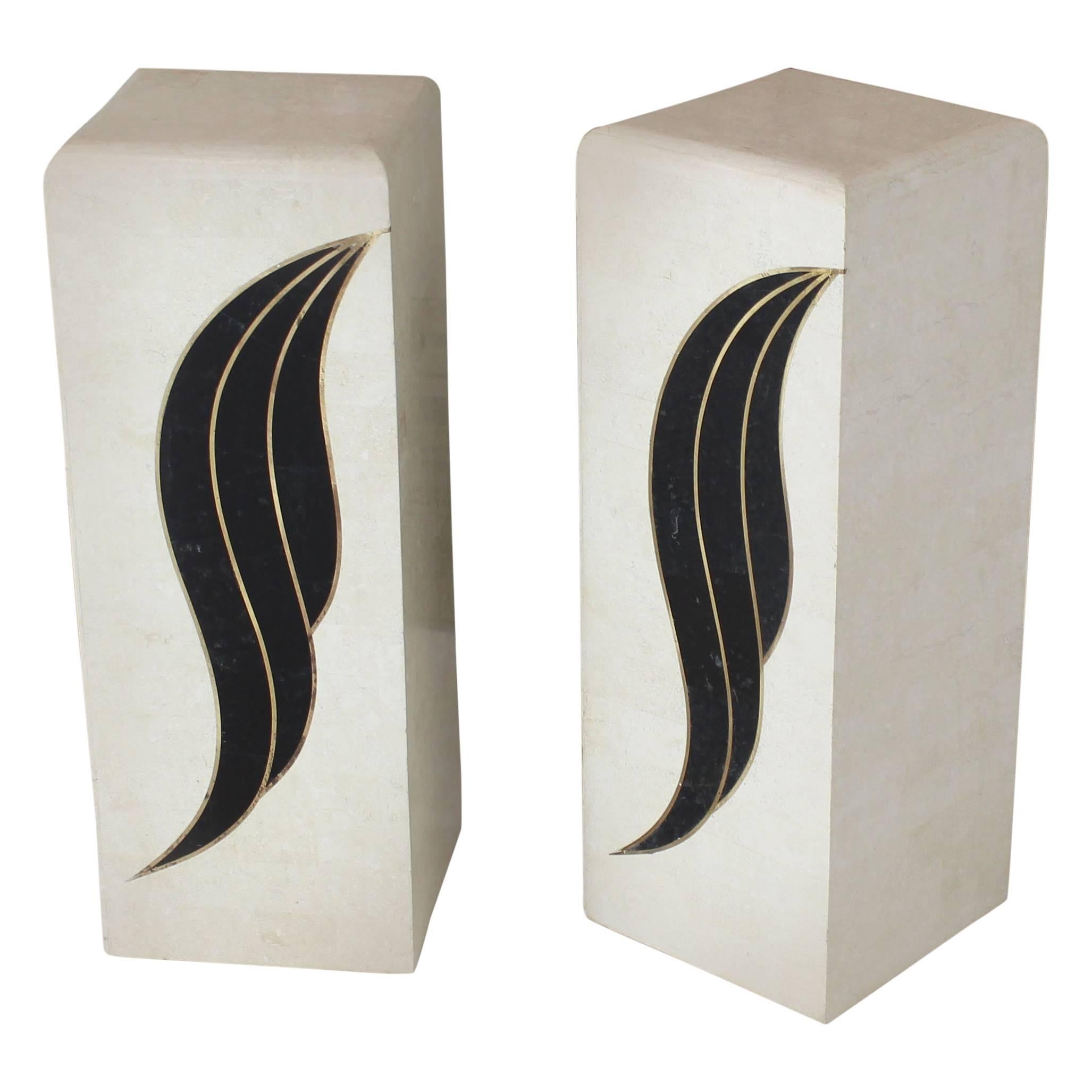 Pair of Tessellated Black and Beige Stone or Tile Brass Inlay Pedestals