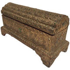 Asian Gilt Wooden Box Hand-Carved and Encrusted with Glass Mirror Stones
