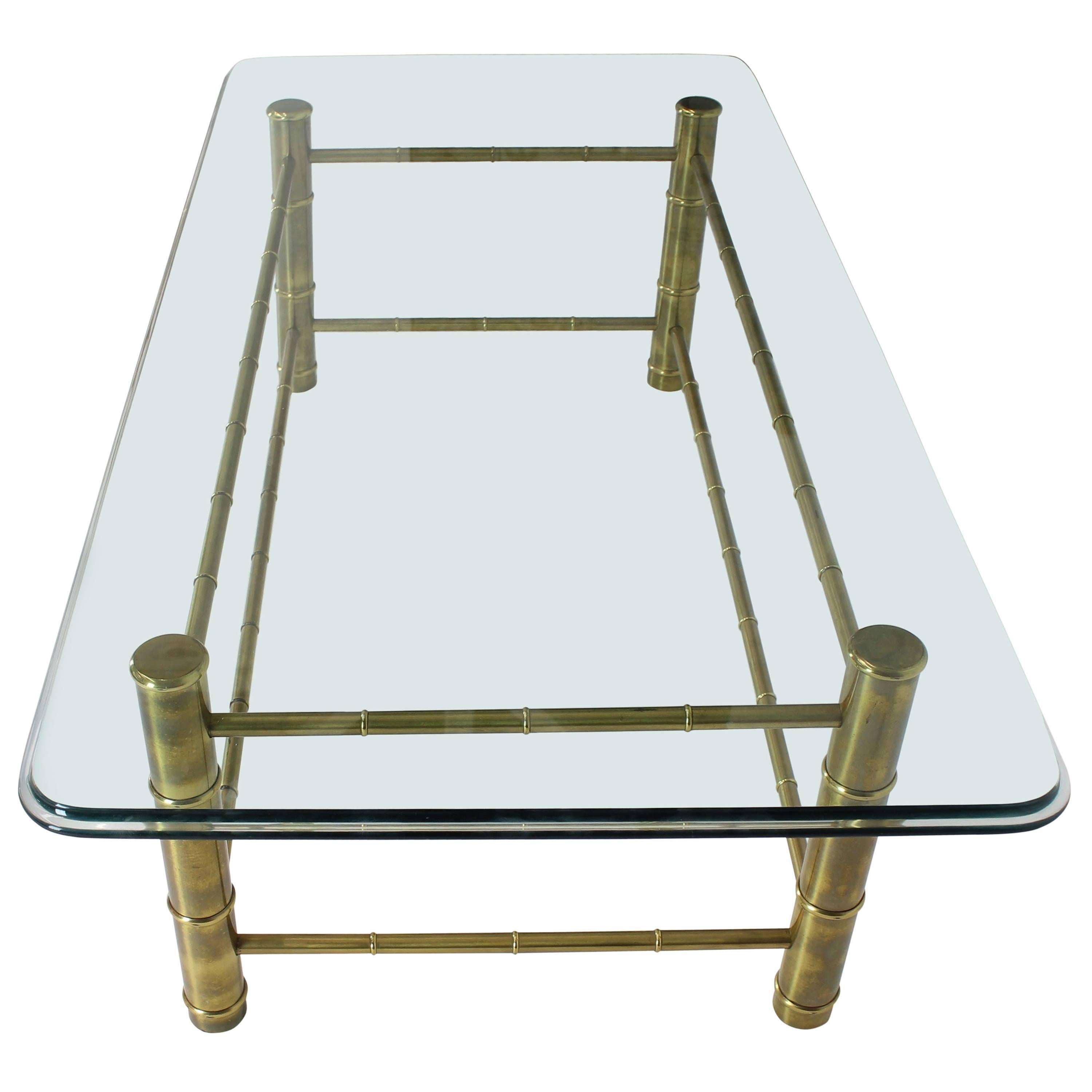 Faux Bamboo Brass and Glass Rectangular Coffee Table For Sale