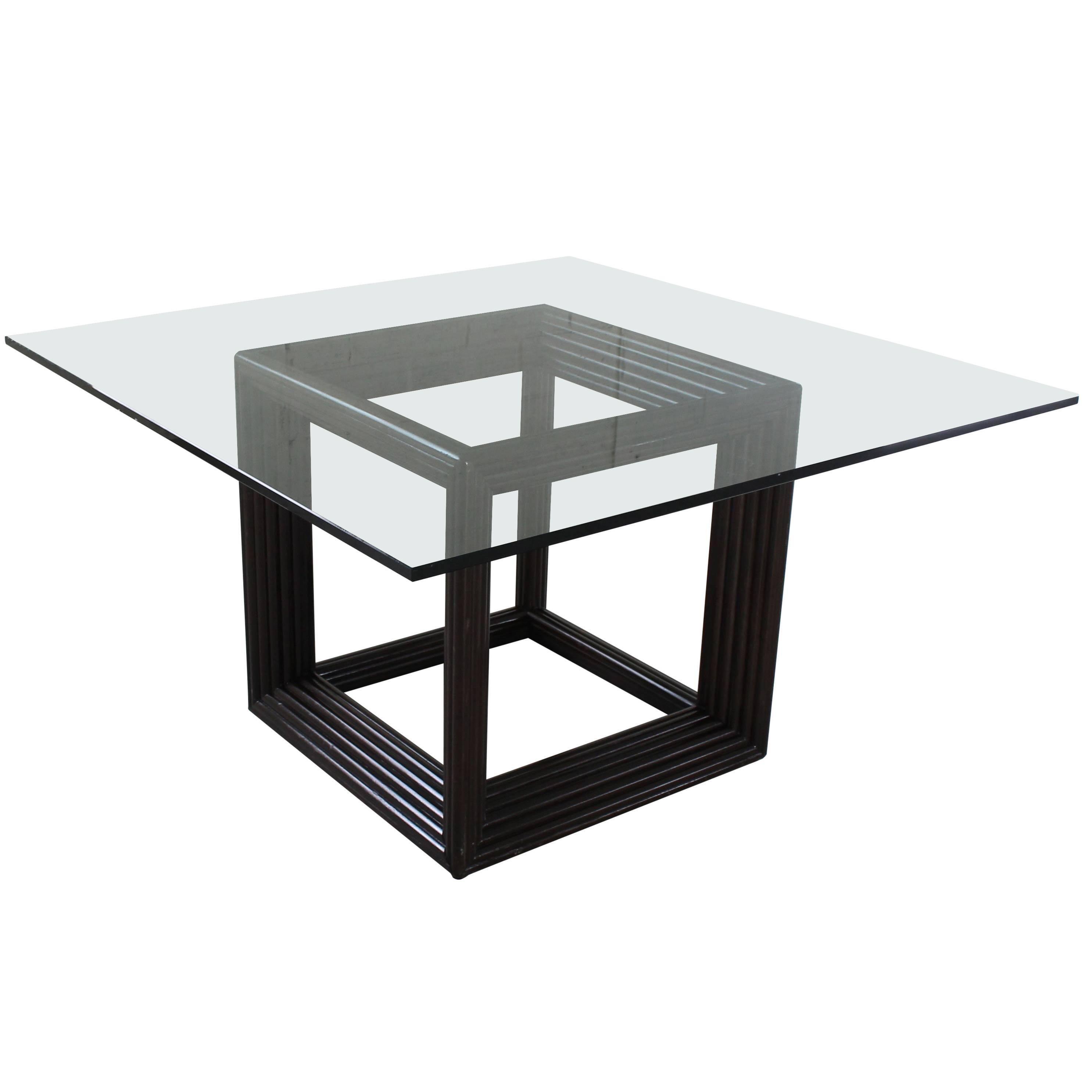 Large Square Thick Glass Top Rattan Cube Base Dining Conference Table