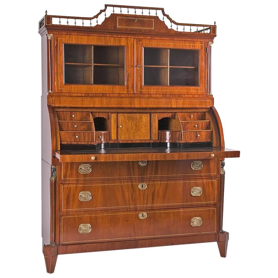 Mahogany Secretaire with Display Case Top in Empire Style For Sale