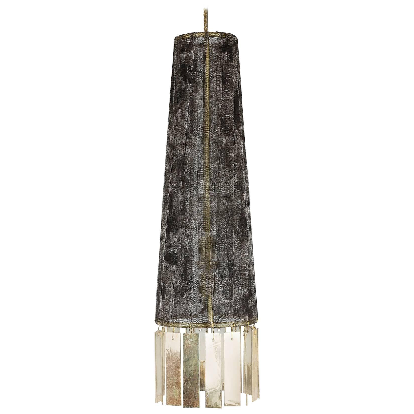 Magic Contemporary Hanging Lamp, Black Hand-Painted Gauze, Double Silvered Glass