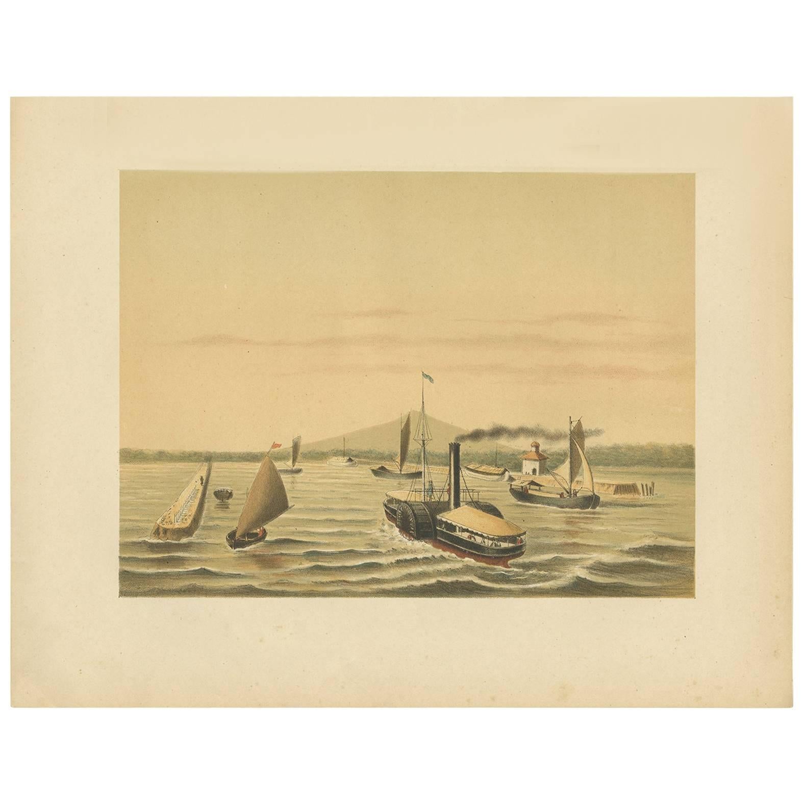 Antique Print of the Ciliwung Paddle Steamer by M.T.H. Perelaer, 1888 For Sale