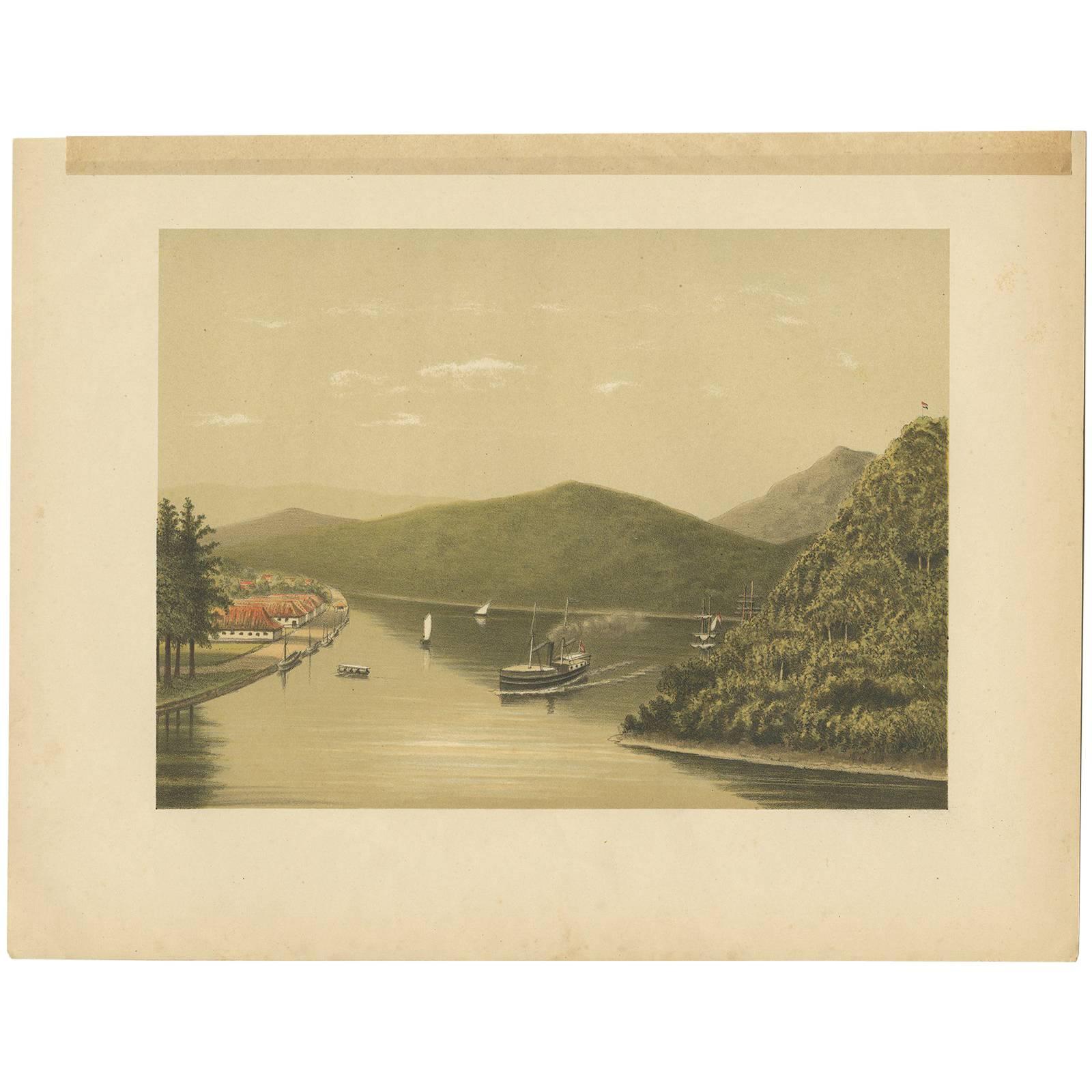 Antique Print of a Steamship at the Legundi Strait by M.T.H. Perelaer, 1888 For Sale