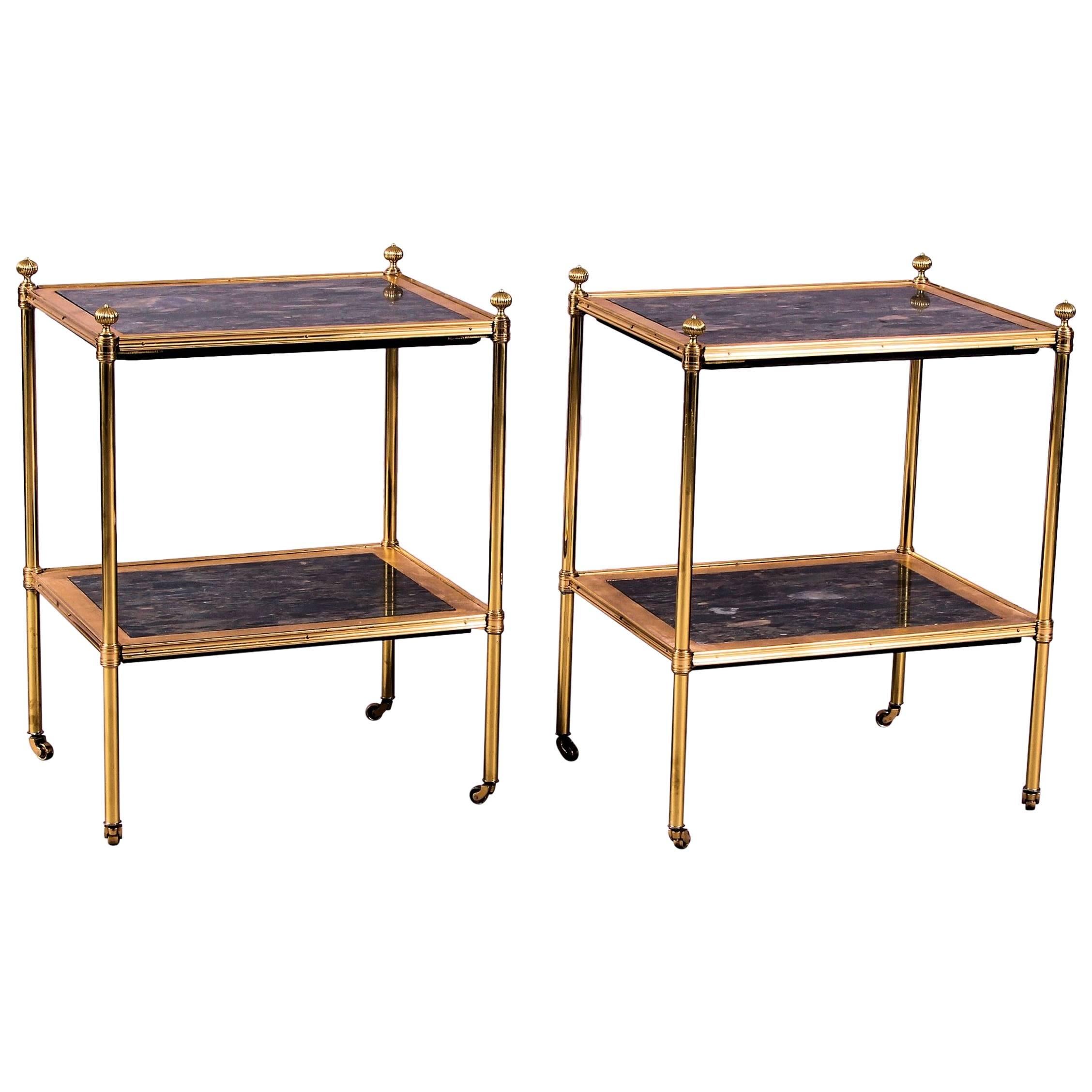 Early 20th Century Gilt Brass Étagère Incorporating Rare Panels of Marble, Pair