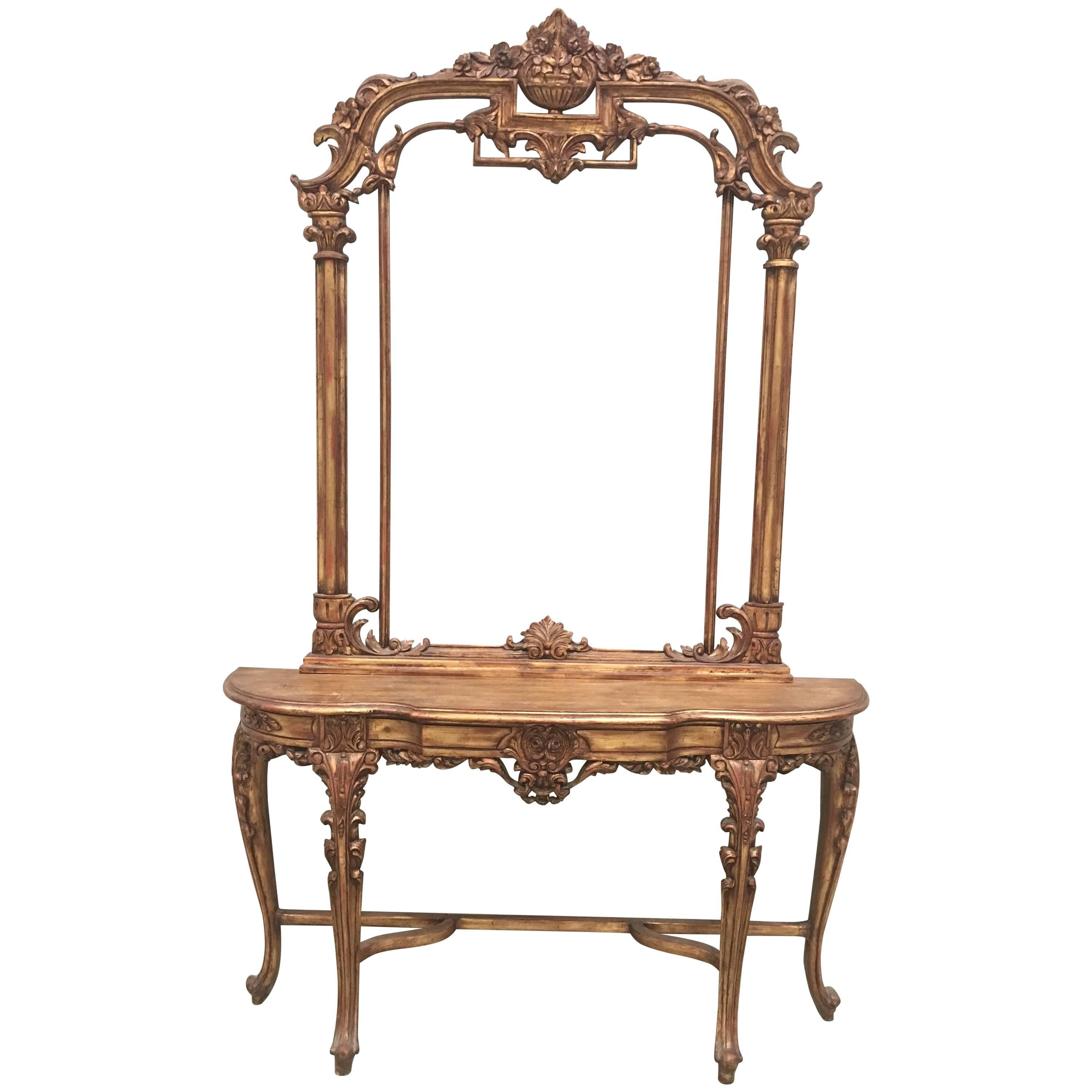 Miroir de pilier et table console de style Renaissance sculpté et doré en vente