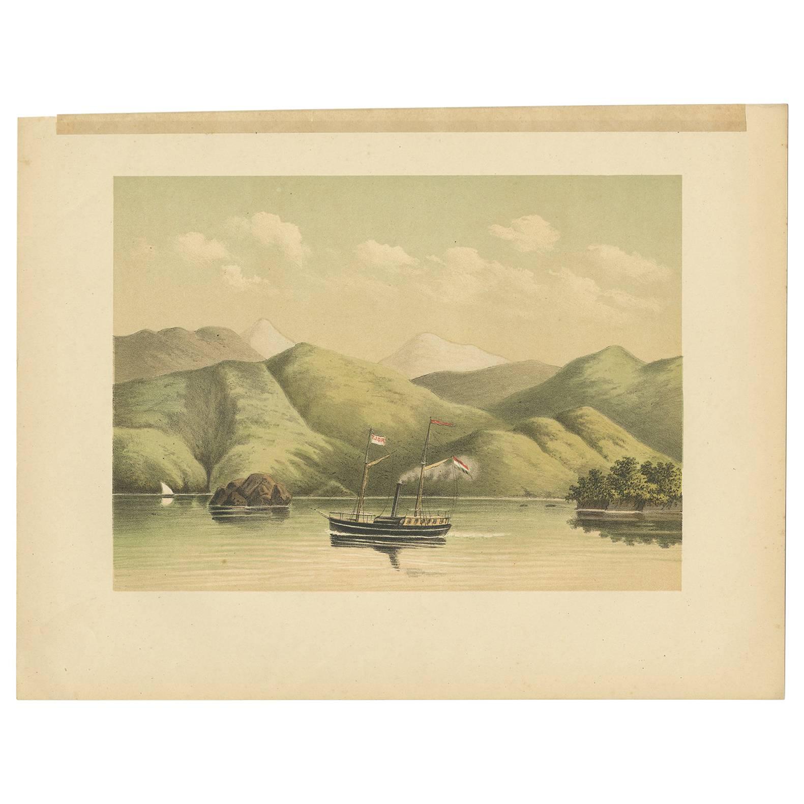 Grabado antiguo de un barco cerca de la costa de Aceh (Atjeh) por M.T.H. Perelaer, 1888