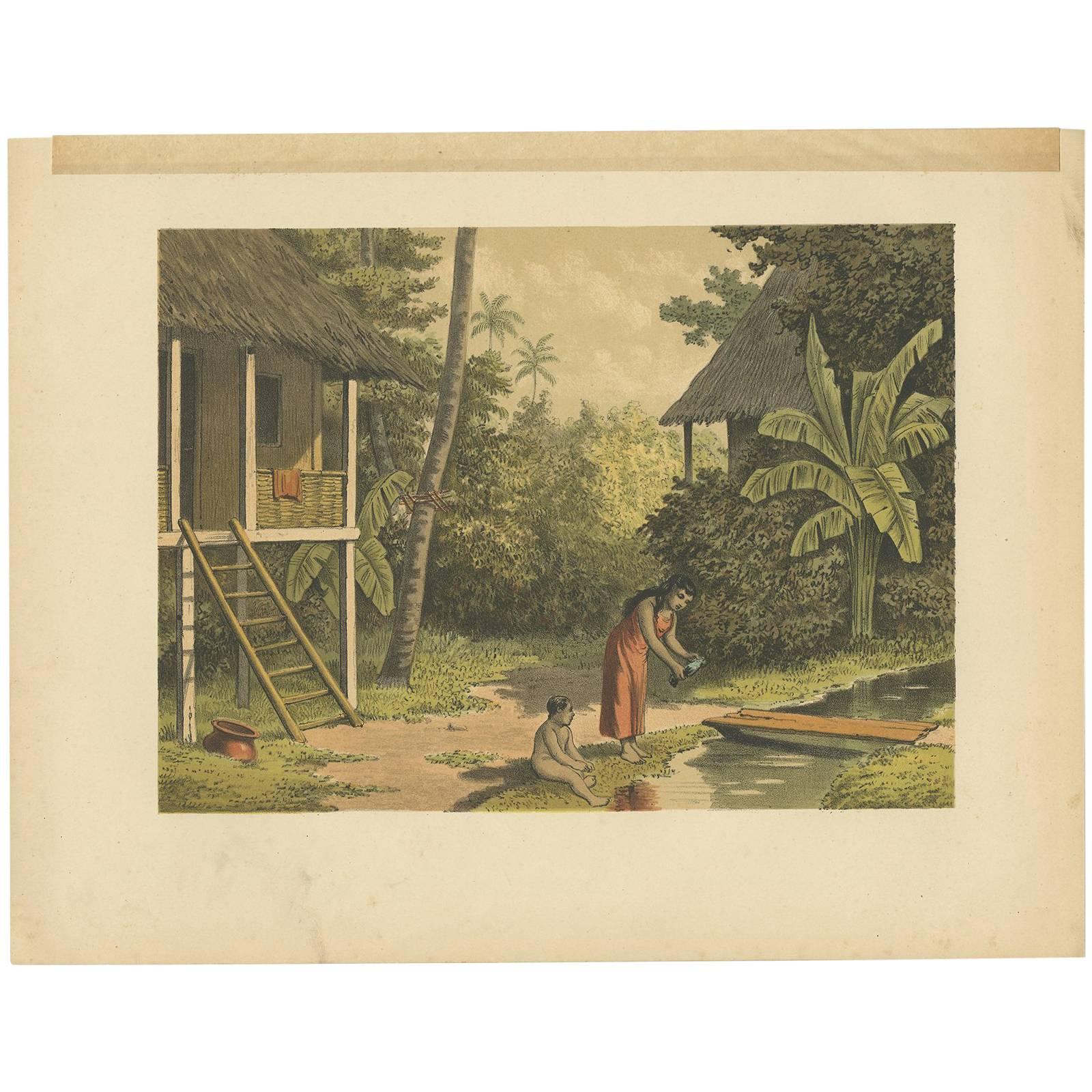 Antique Print of a House in Oleh-Leh 'Aceh' by M.T.H. Perelaer, 1888 For Sale