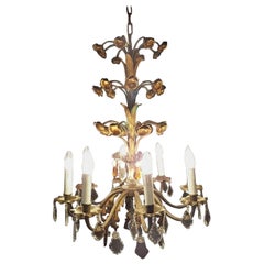 Antique Gilt Iron French Chandelier with Flowers, Early 20th Century