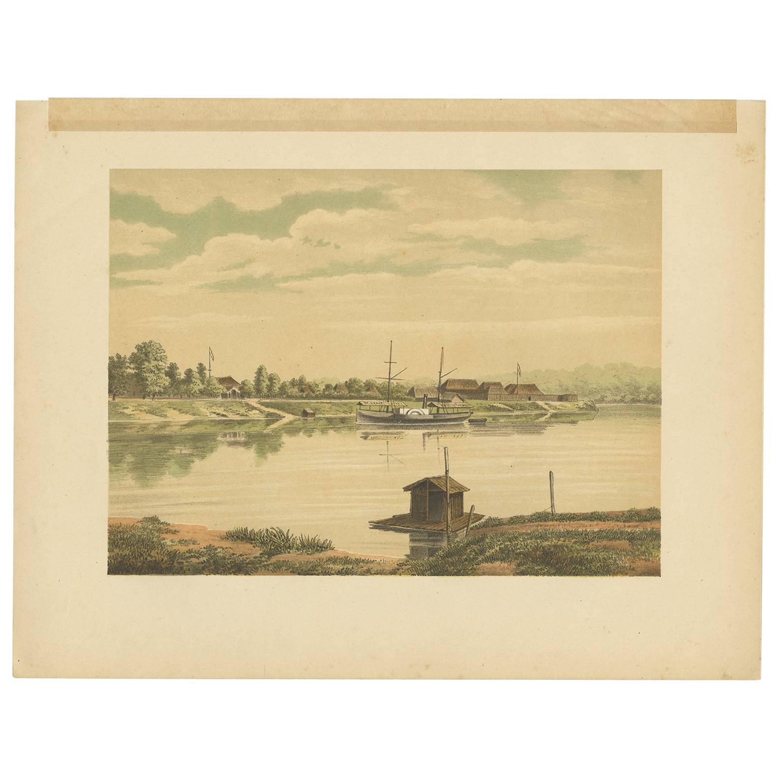 Antique Print of a Steamship at the Barito River by M.T.H. Perelaer, 1888