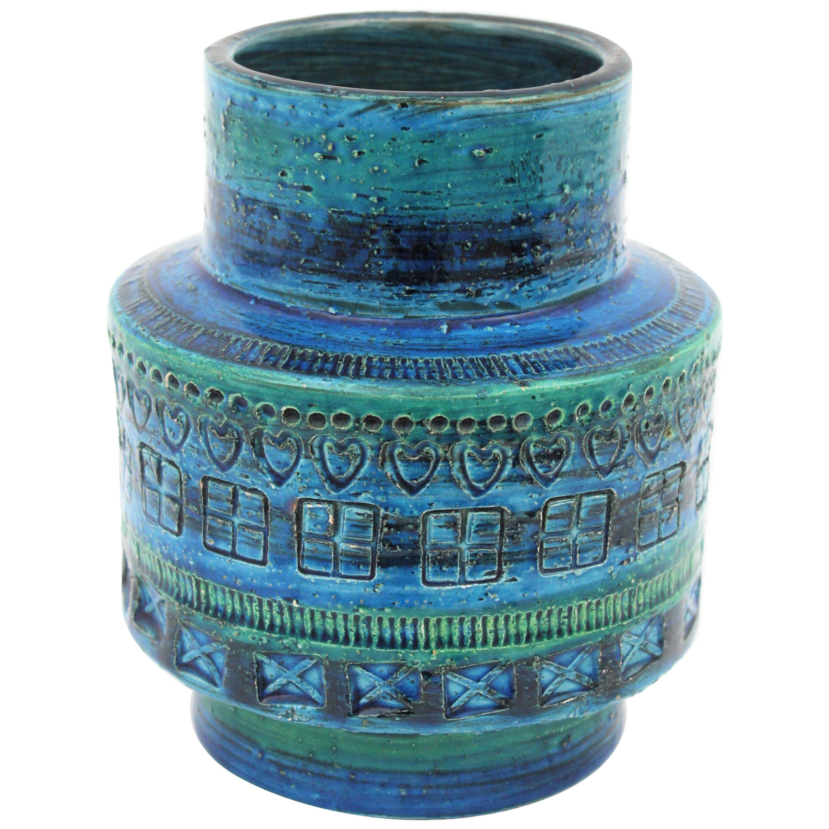 Midcentury Italian Aldo Londi for Bitossi Rimini Blue Glazed Ceramic Vase