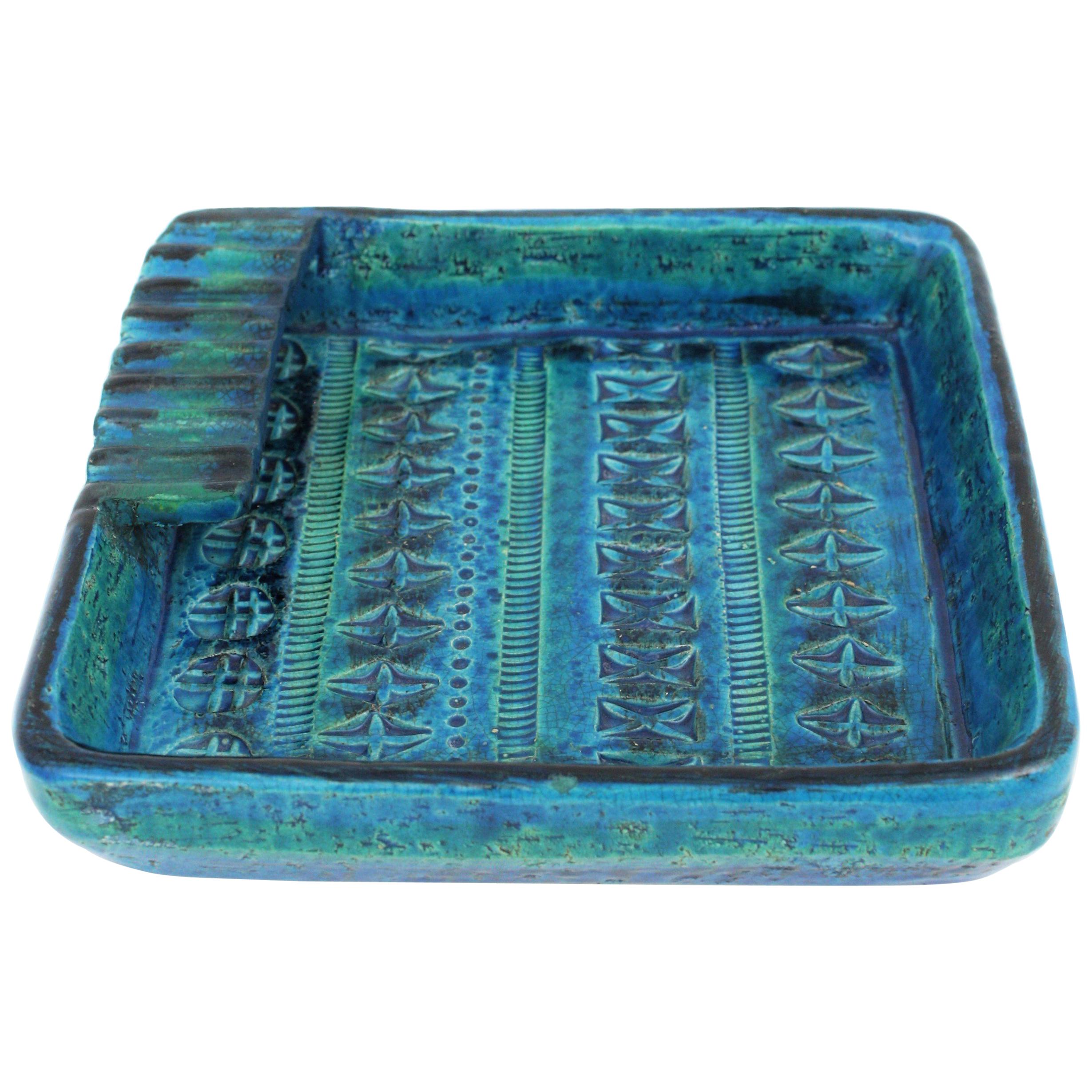 Aldo Londi for Bitossi Rimini Blue Glazed Ceramic Square Ashtray, Italy, 1960s