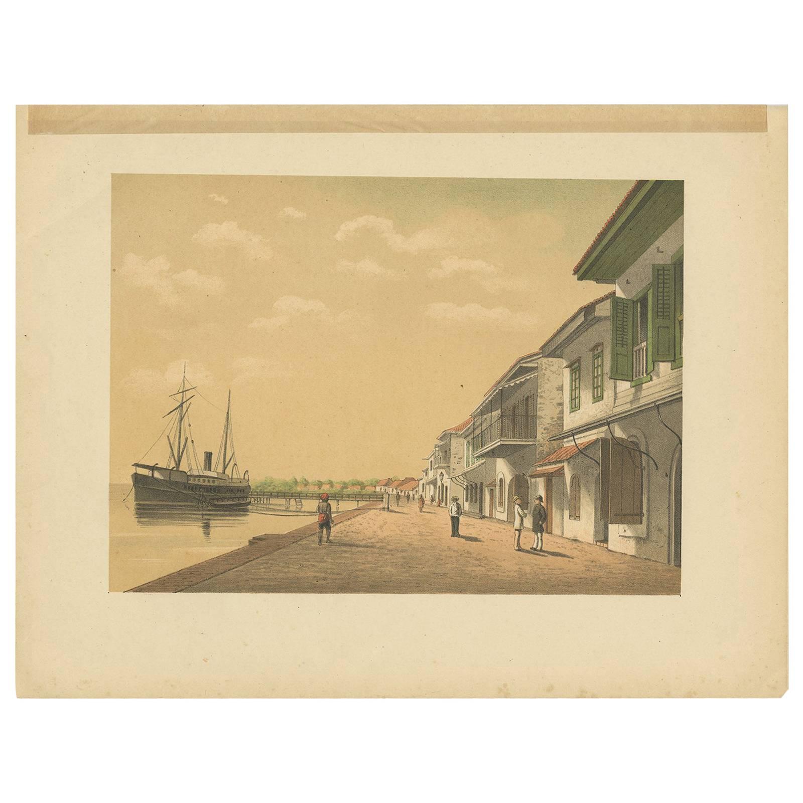 Antique Print of a Steamship at Tanjung Burung by M.T.H. Perelaer, 1888 For Sale