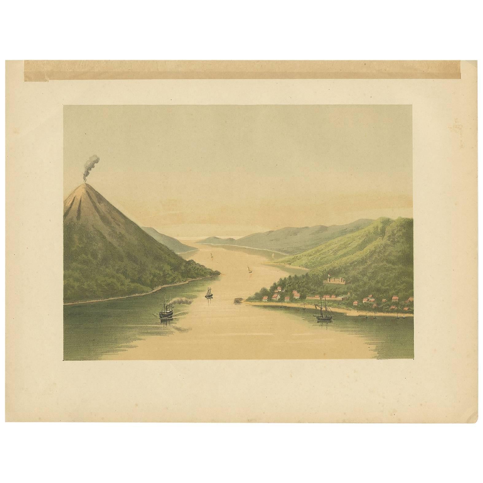 Antique Print of the Volcano Gunung Api in Indonesia, 1888 For Sale
